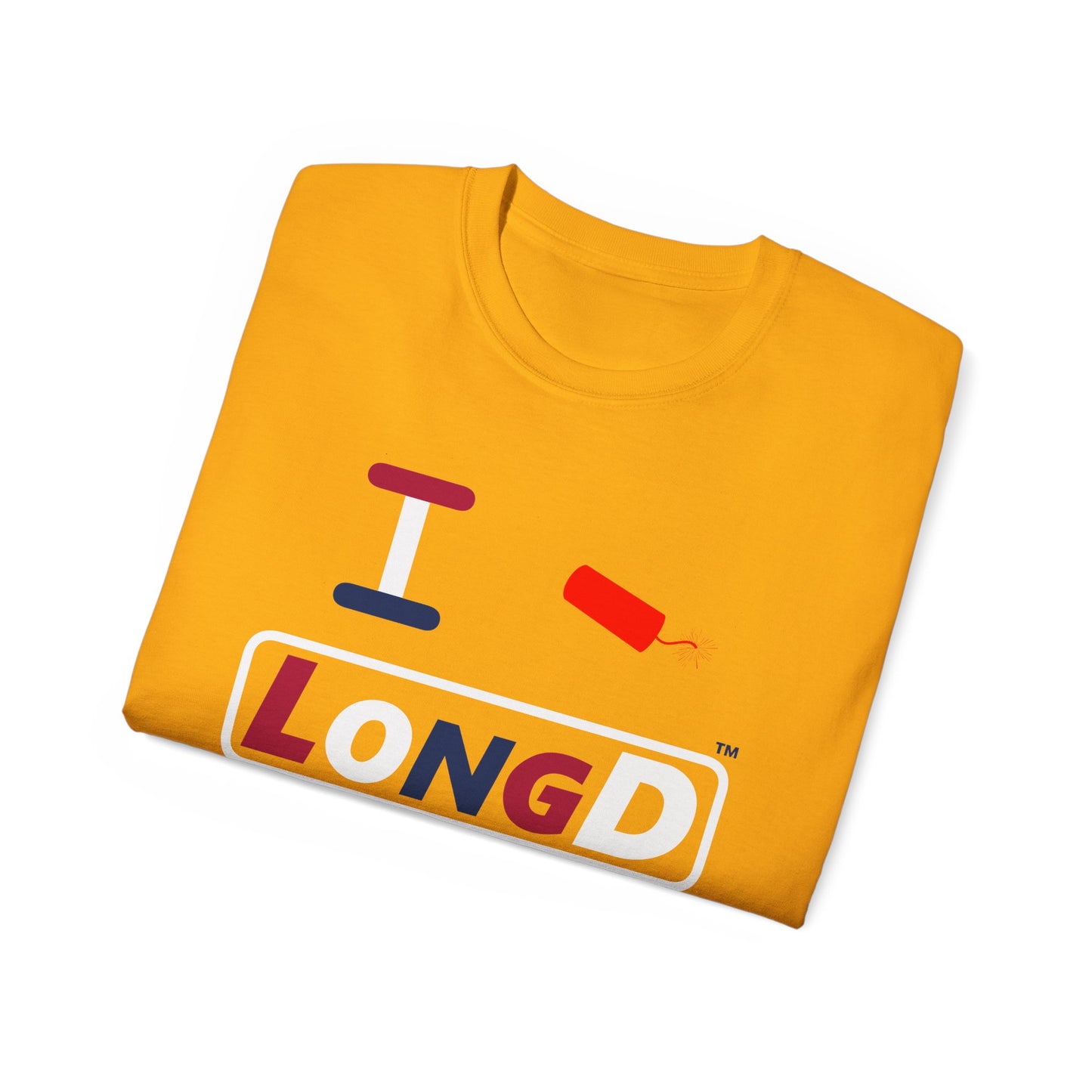 I Firecracker LongD® Logo Cotton Tee Red, White and Blue positive varied elements text