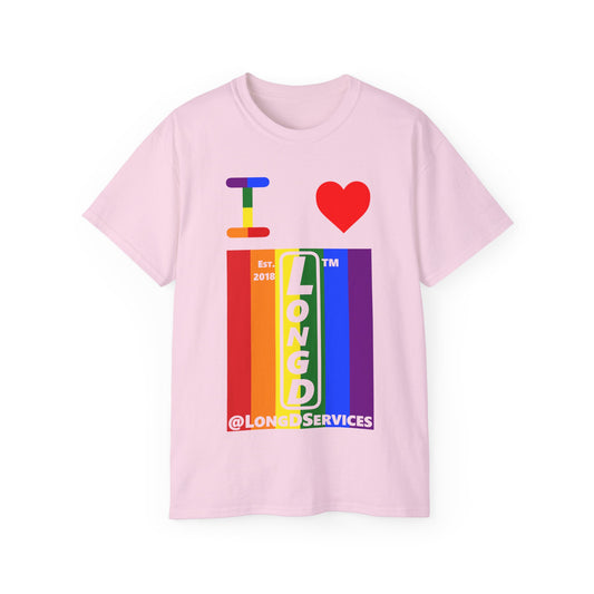 I Luv LongD Cotton Tee negative vertical striped tag upright logo (Pride colors)