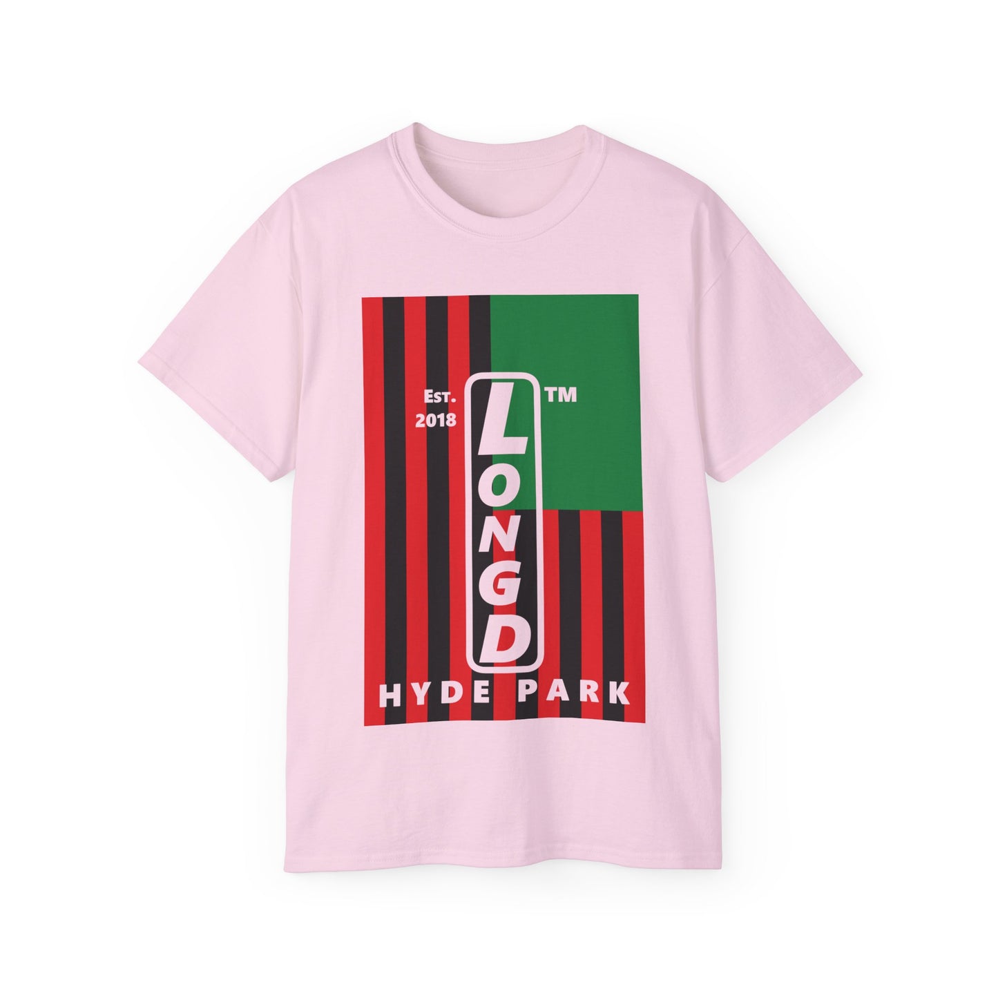 LongD Cotton Tee negative flag Hyde Park upright logo (Juneteenth colors)