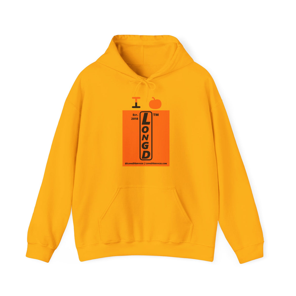 I pumpkin LongD Tag-domain upright logo positive black on negative orange hoodie