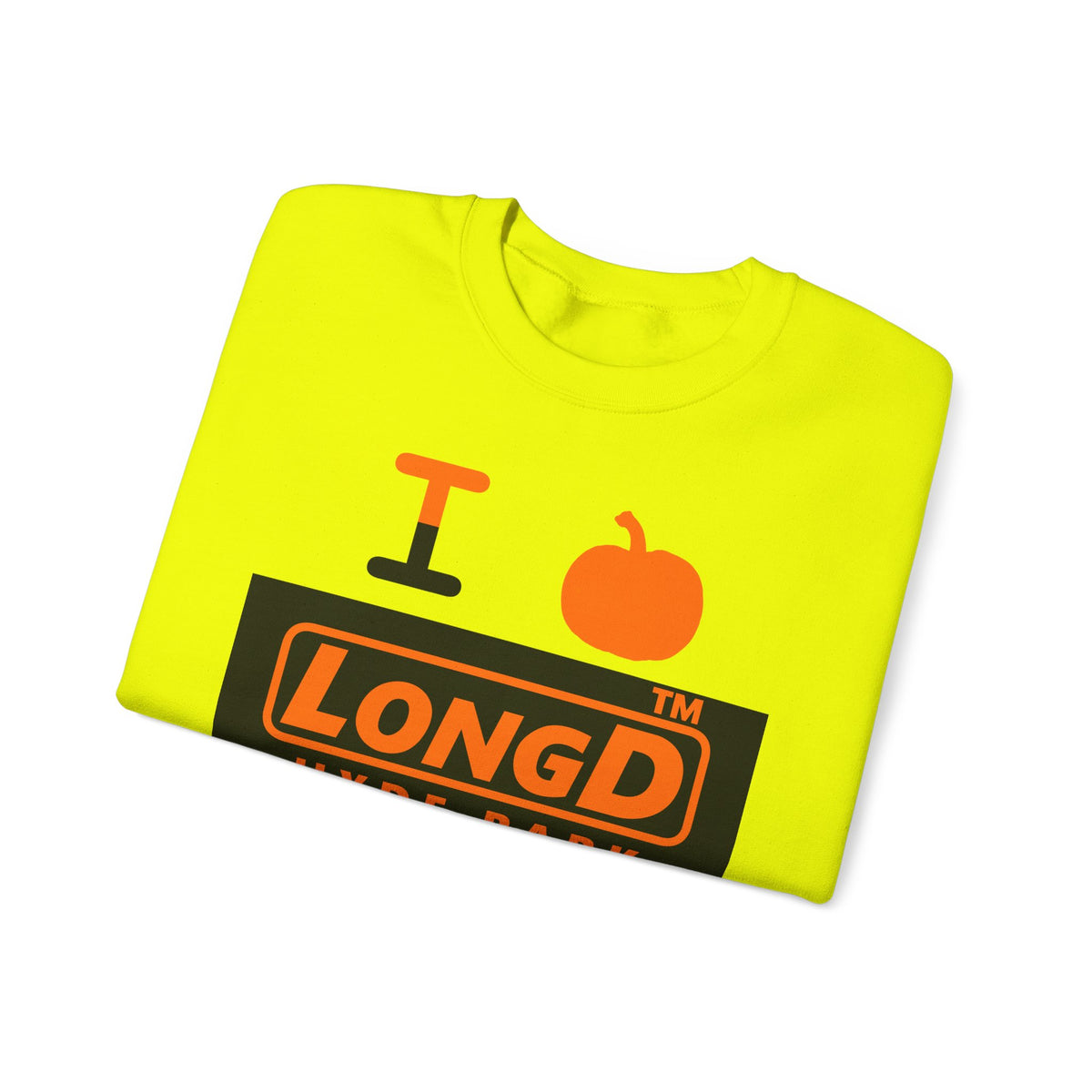 I pumpkin LongD Hyde Park logo positive orange on negative black crewneck sweatshirt