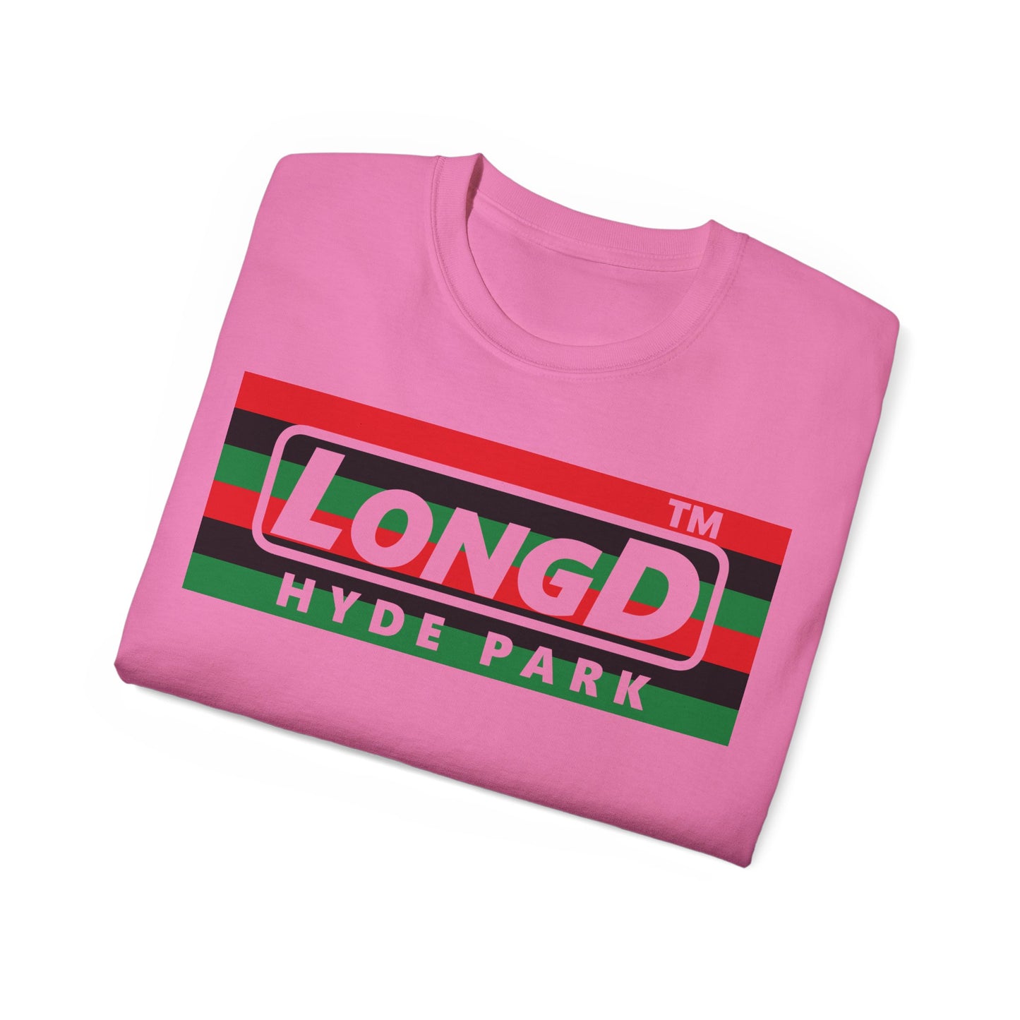 LongD negative horizontal 6-striped Hyde Park logo cotton tee (Juneteenth colors)