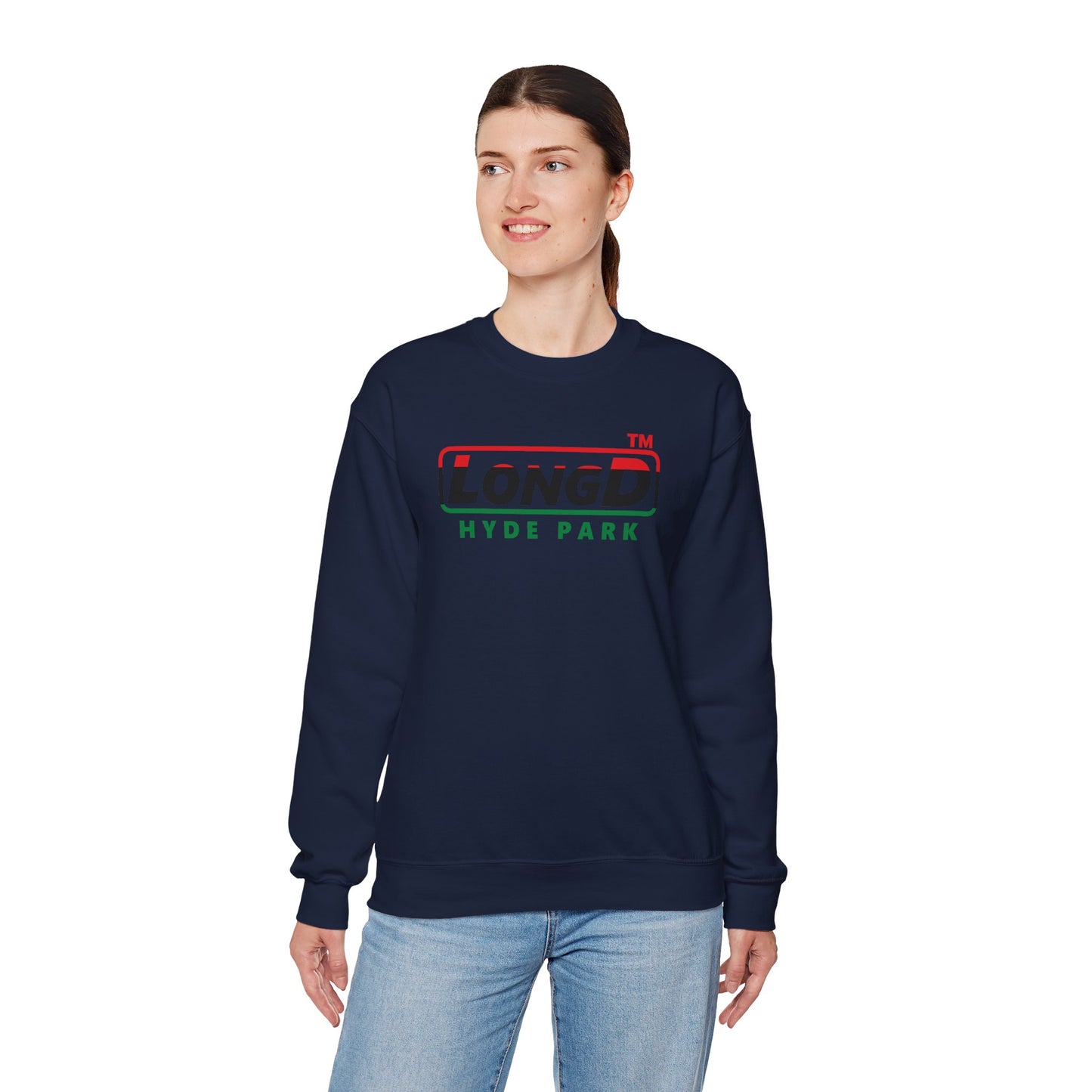 LongD positive horizontal 3-striped Hyde Park logo crewneck sweatshirt (Juneteenth colors)