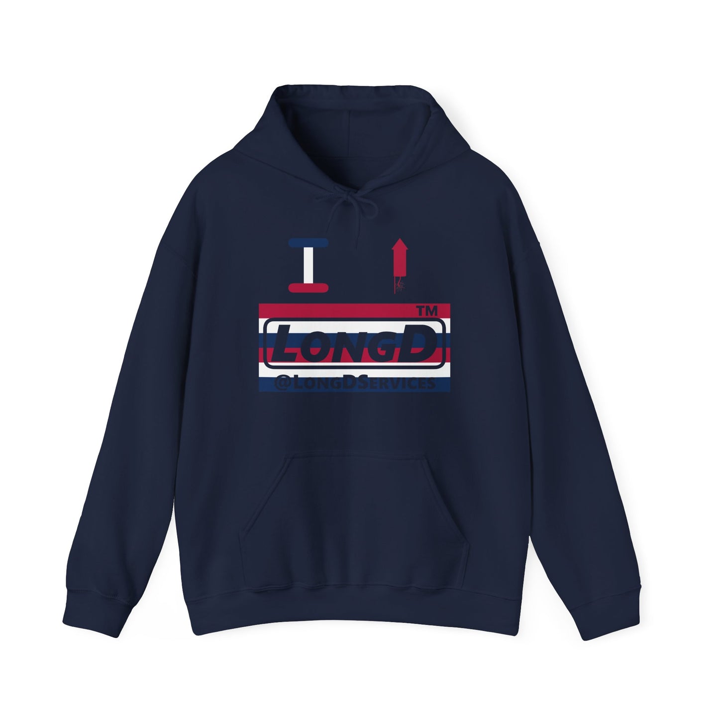 I firecracker LongD® negative horizontal 6-striped tag logo hoodie