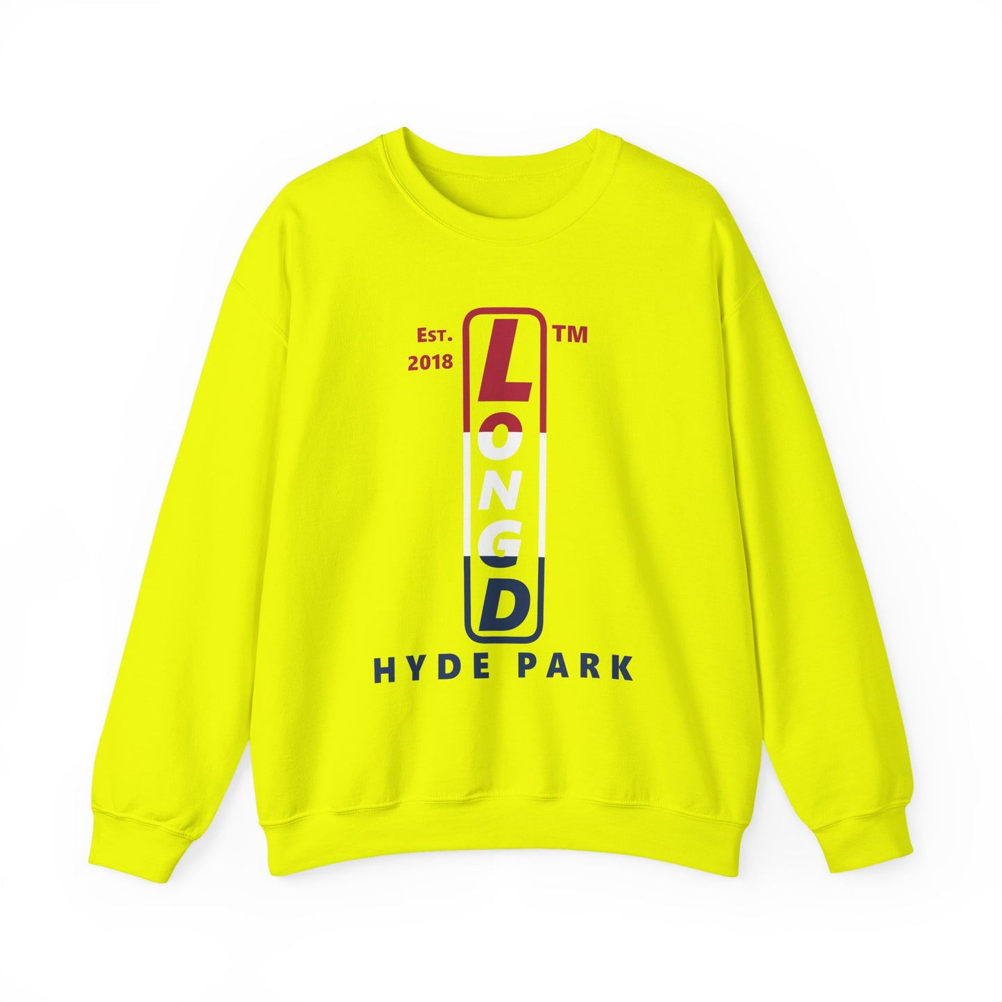 LongD positive horizontal 3-striped Hyde Park upright logo crewneck sweatshirt (patriotic colors)
