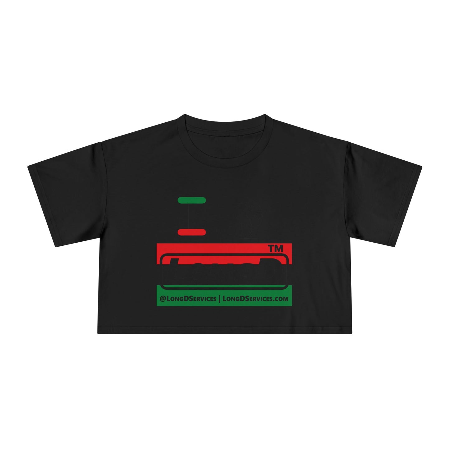I fist LongD negative horizontal 3-striped tag-domain logo crop tee