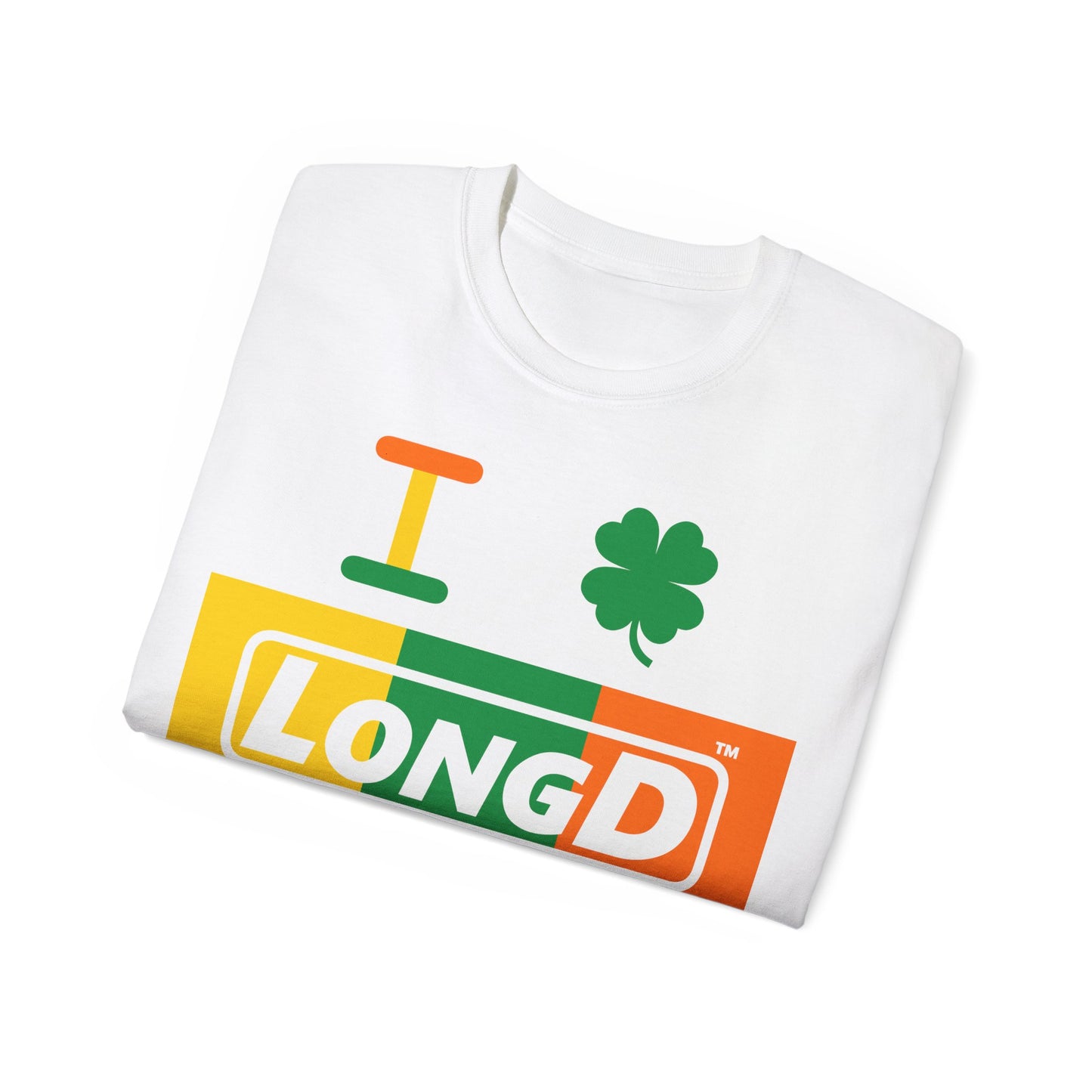 I Clover LongD® Logo Cotton Tee (St. Patrick's Day -Irish Green, Golden Yellow and Irish Orange negative thirds with 4-leaf clover)