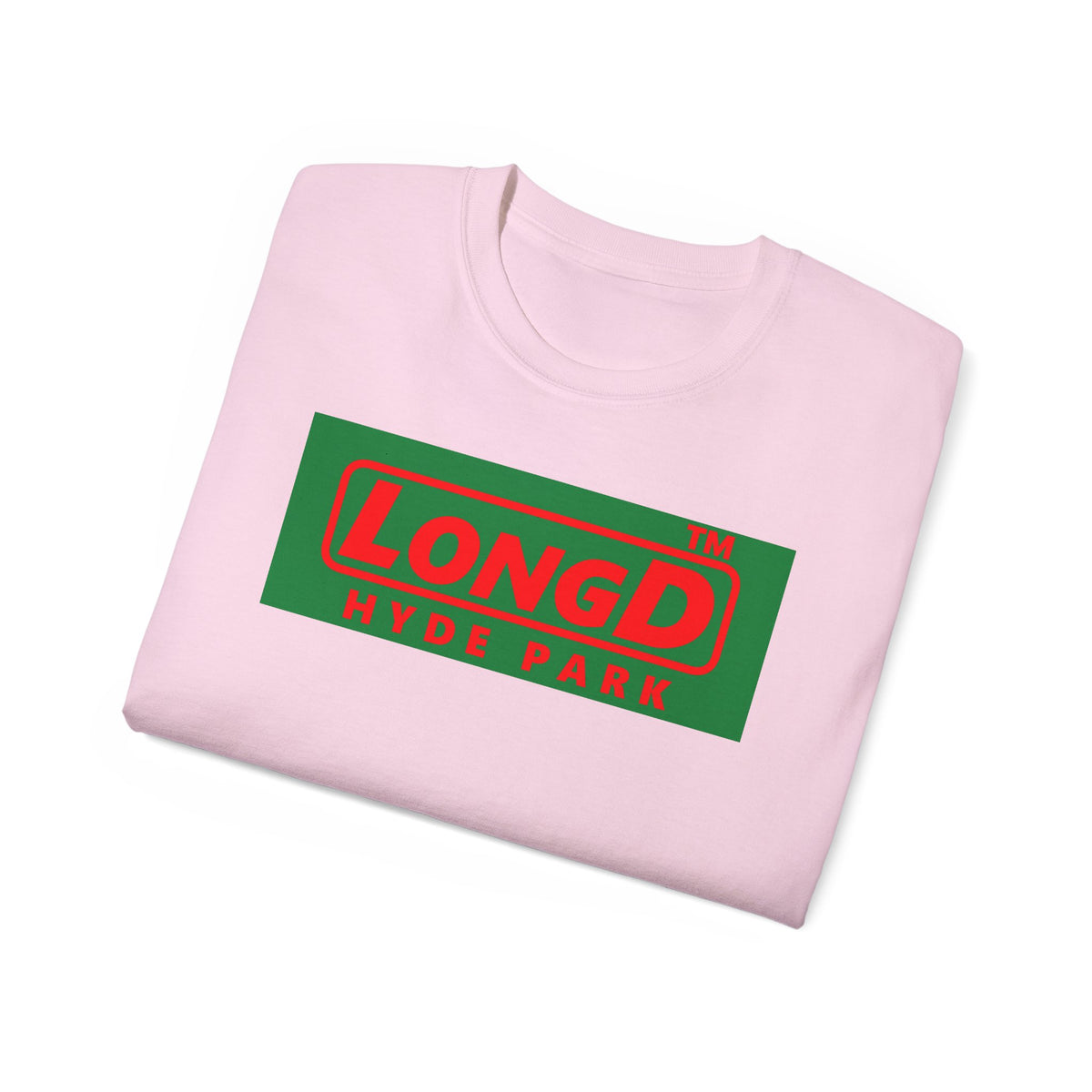LongD Hyde Park logo positive red on negative green (Xmas colors) cotton tee