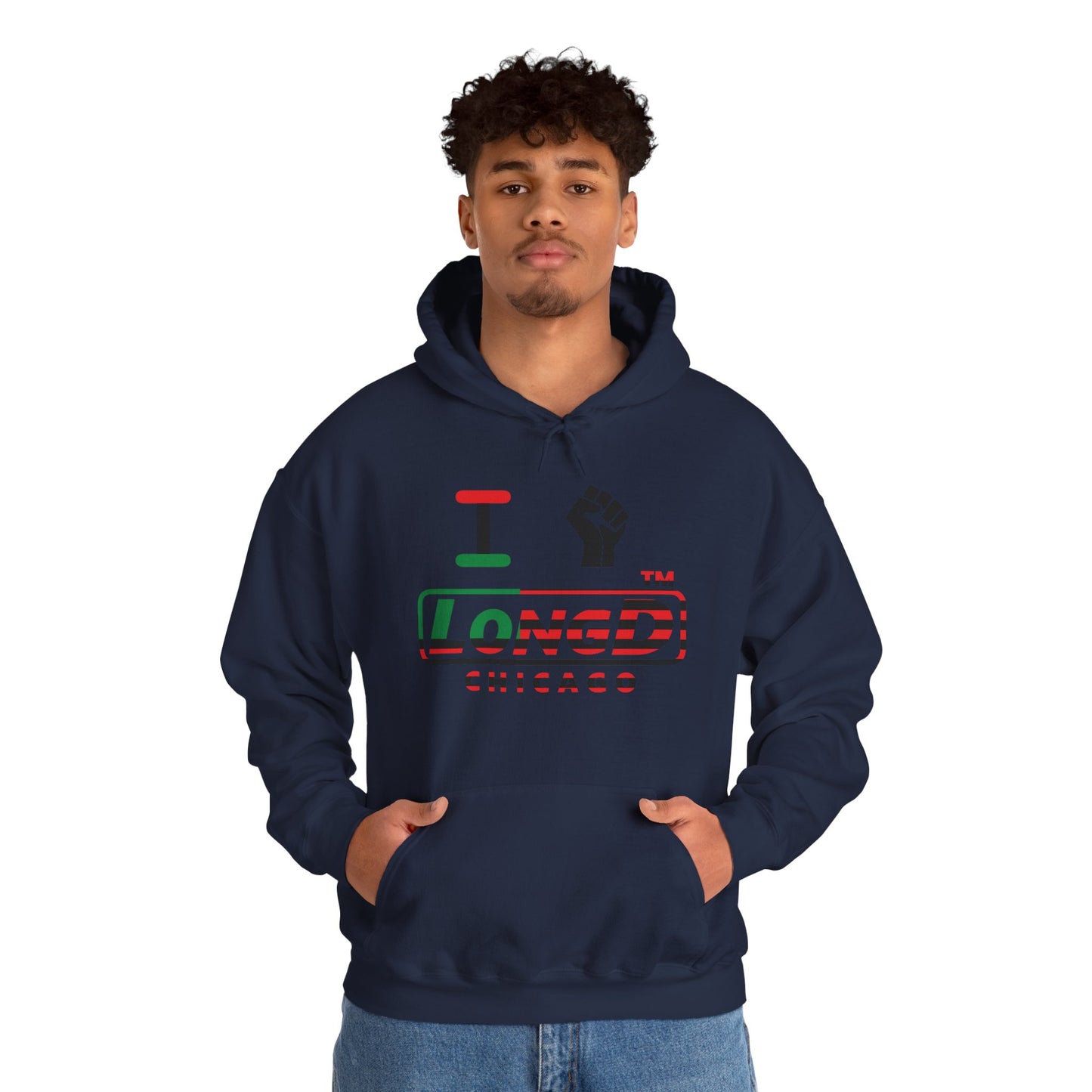 I fist LongD® positive flag front-back Chicago logo Hoodie (Juneteenth colors)