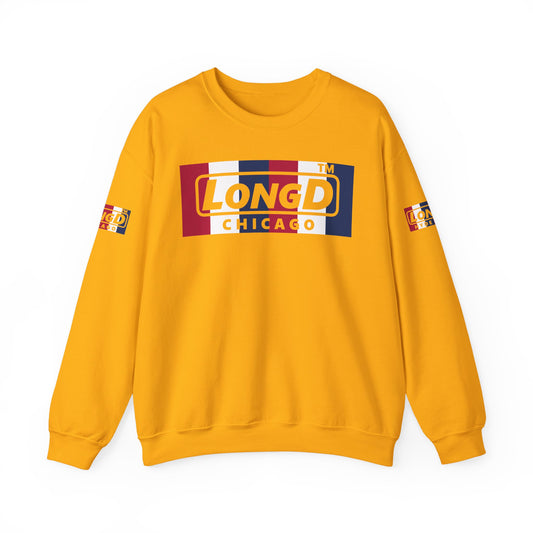 LongD negative vertical 6-striped 4-print double-breasted Chicago logo crewneck sweatshirt (patriotic colors)