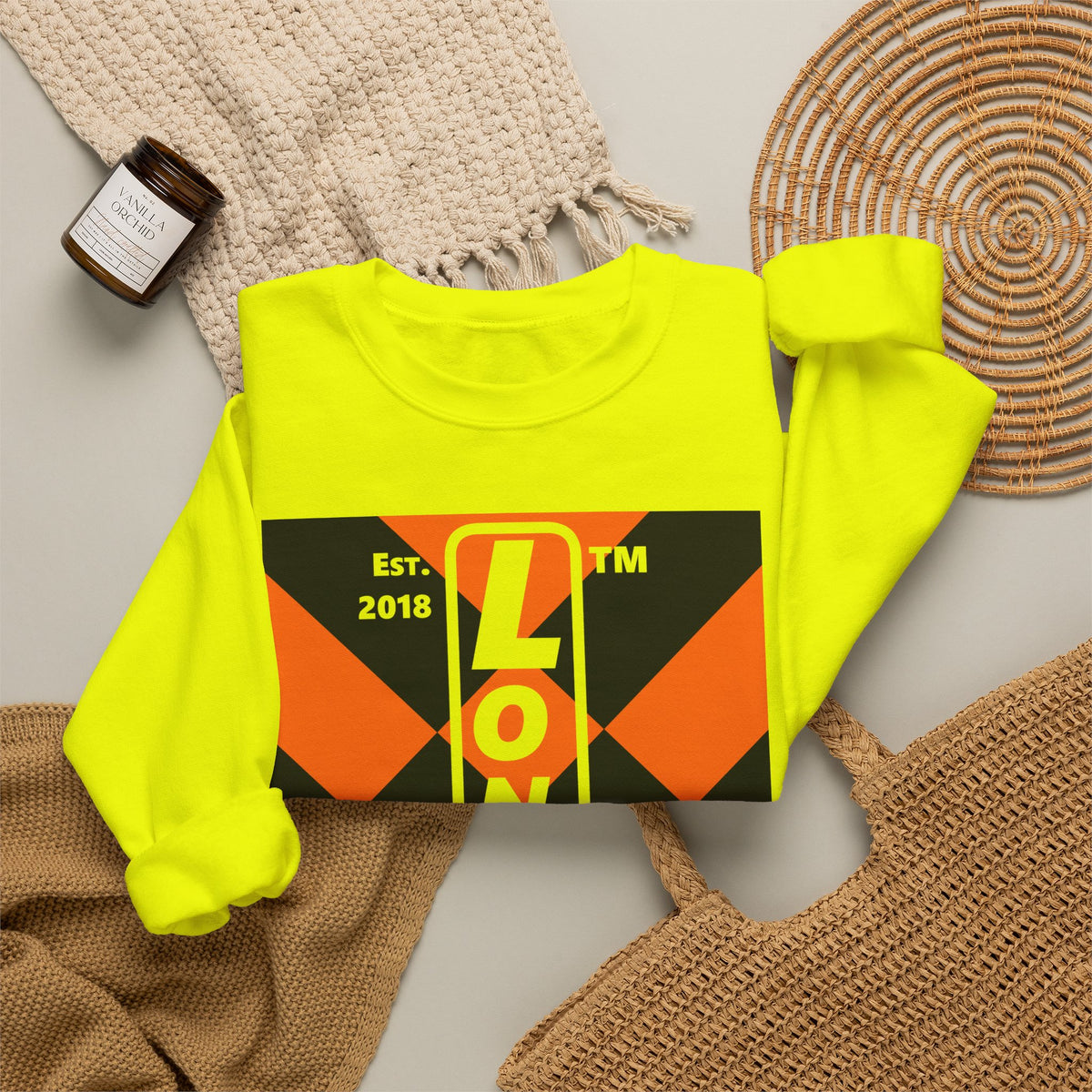 LongD Hyde Park negative upright mixed argyle logo (Halloween colors) crewneck sweatshirt
