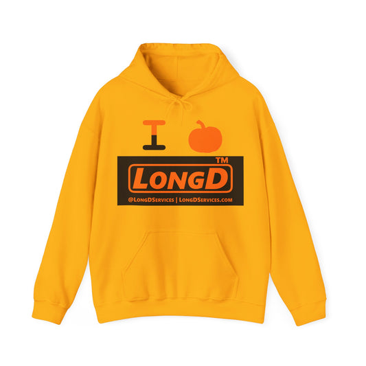 I pumpkin LongD Tag-domain logo positive orange on negative black hoodie