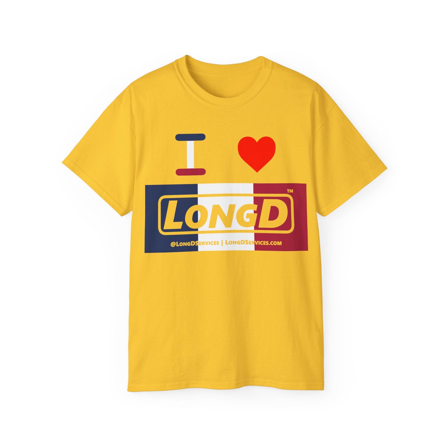 I Luv LongD® Logo Cotton Tee Blue, White and Red negative thirds text
