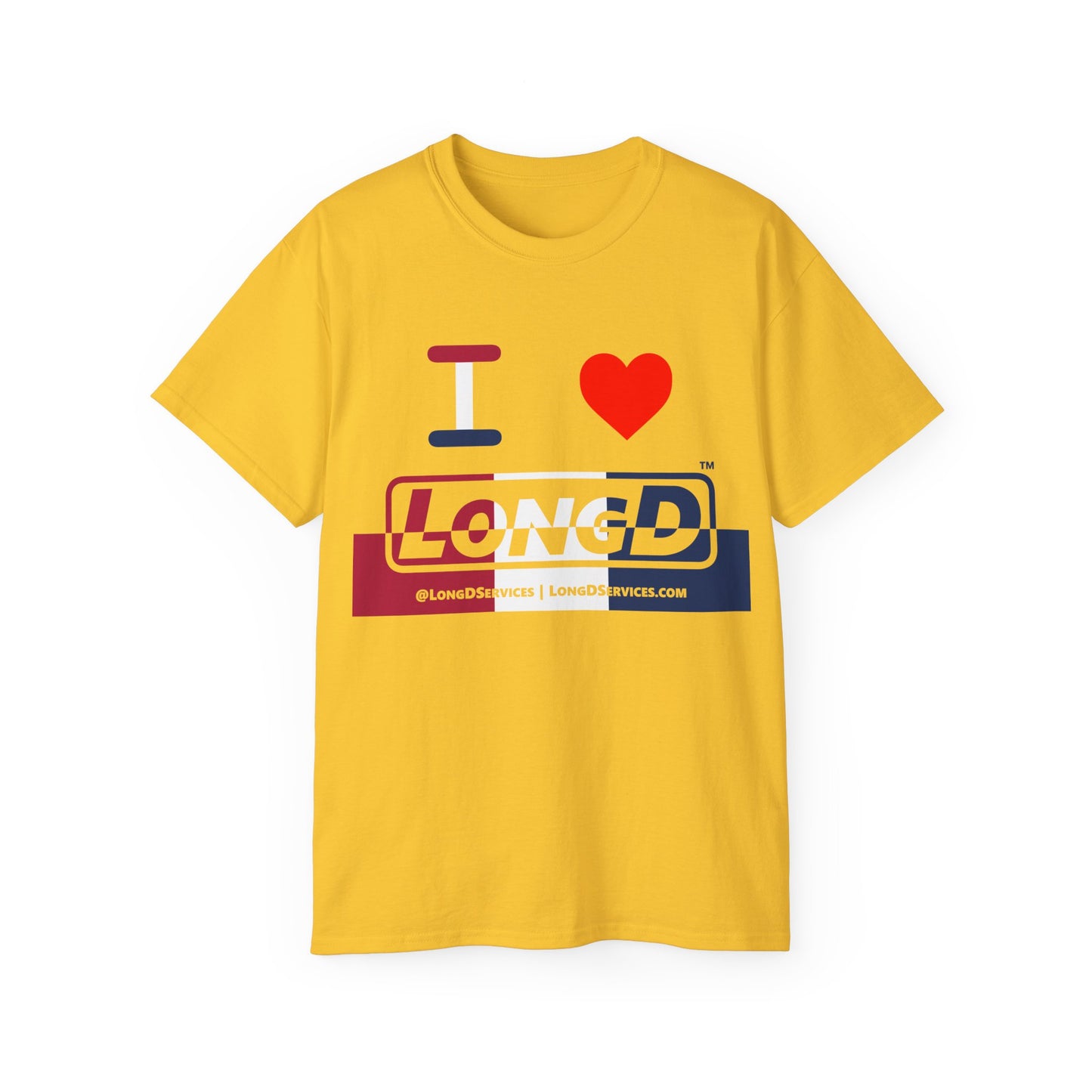 I Luv LongD® Logo Cotton Tee Red, White and Blue positive top negative bottom split thirds text