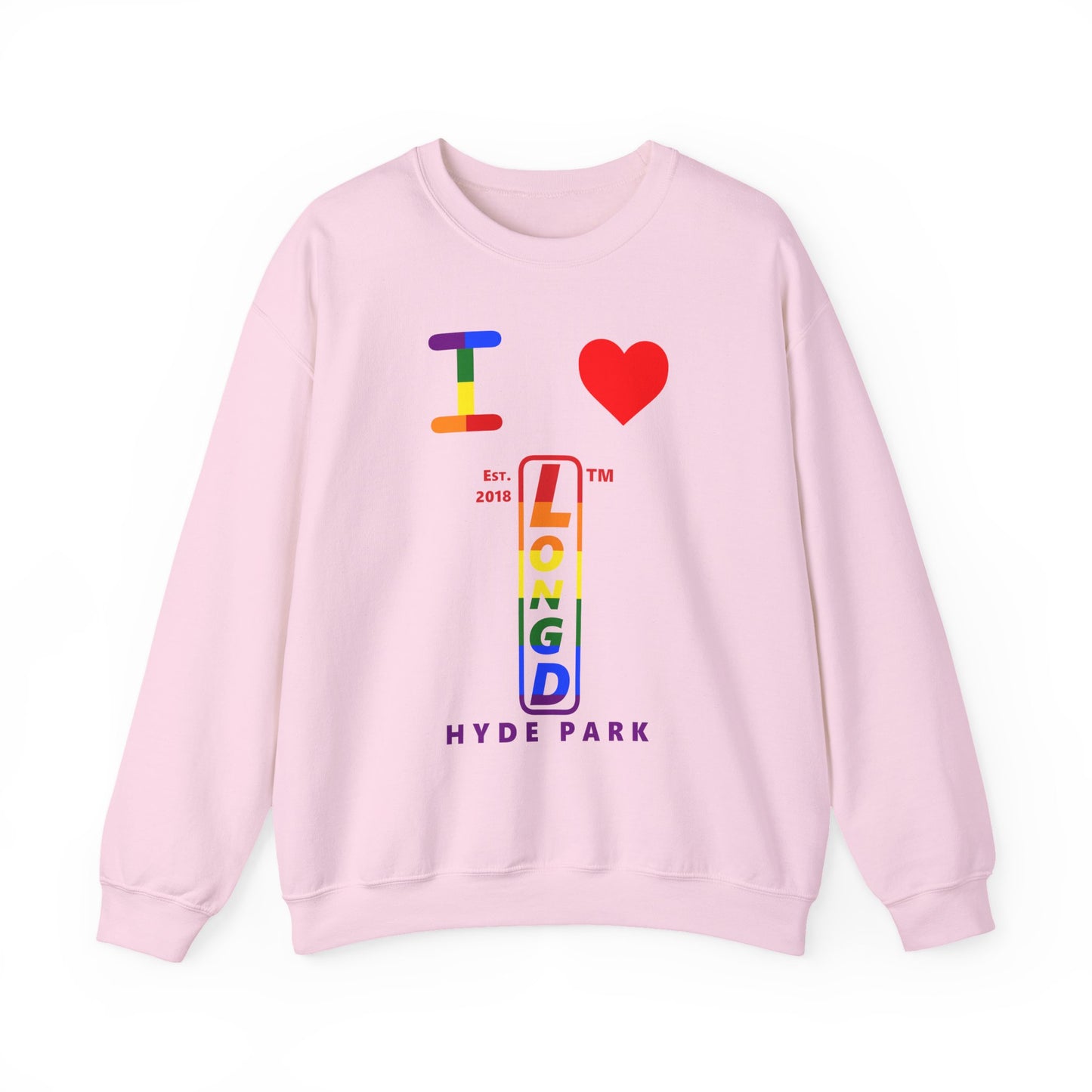 I Luv LongD positive horizontal 6-striped Hyde Park upright logo crewneck sweatshirt (Pride colors)