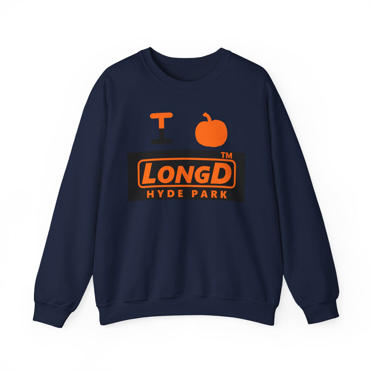I pumpkin LongD Hyde Park logo positive orange on negative black crewneck sweatshirt