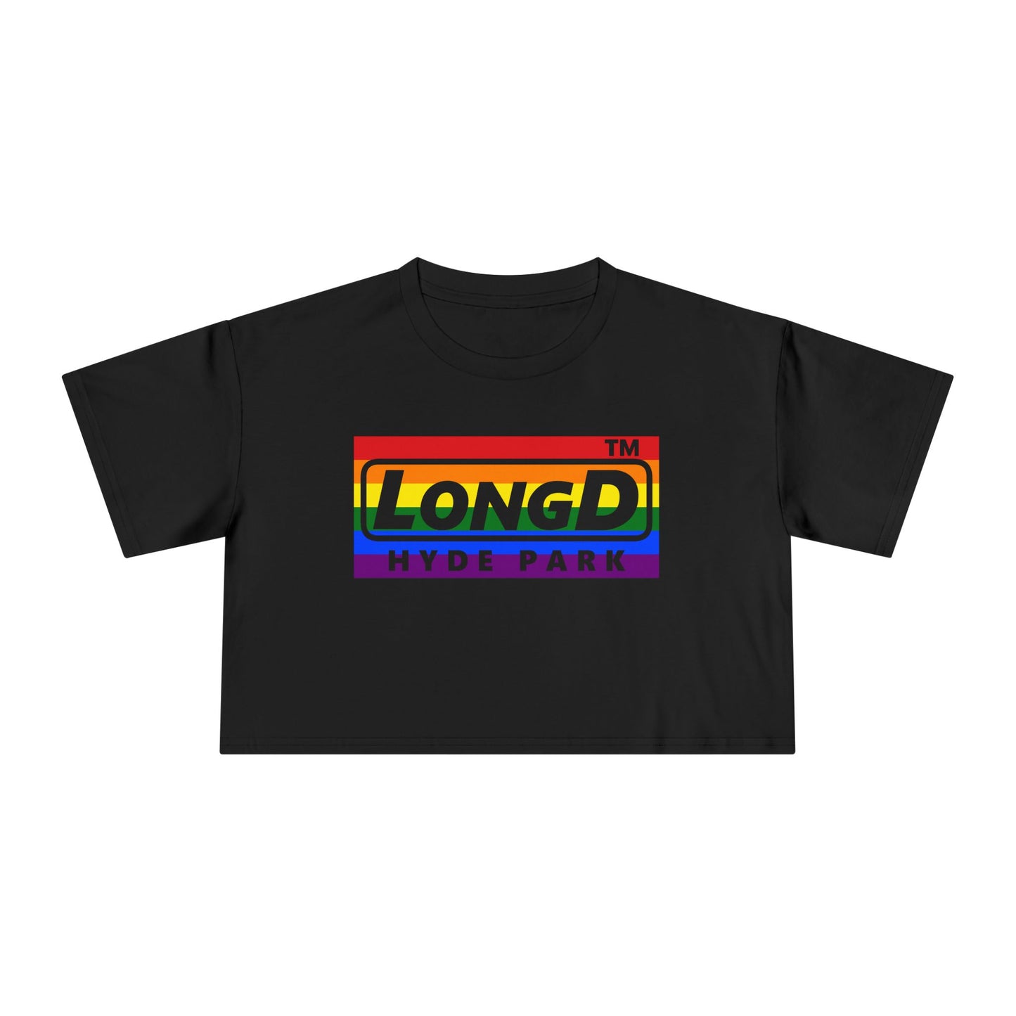 LongD negative horizontal 6-striped Hyde Park logo crop tee (Pride colors)