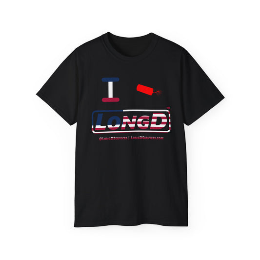 I Firecracker LongD® Logo Cotton Tee Red, White and Blue positive flag