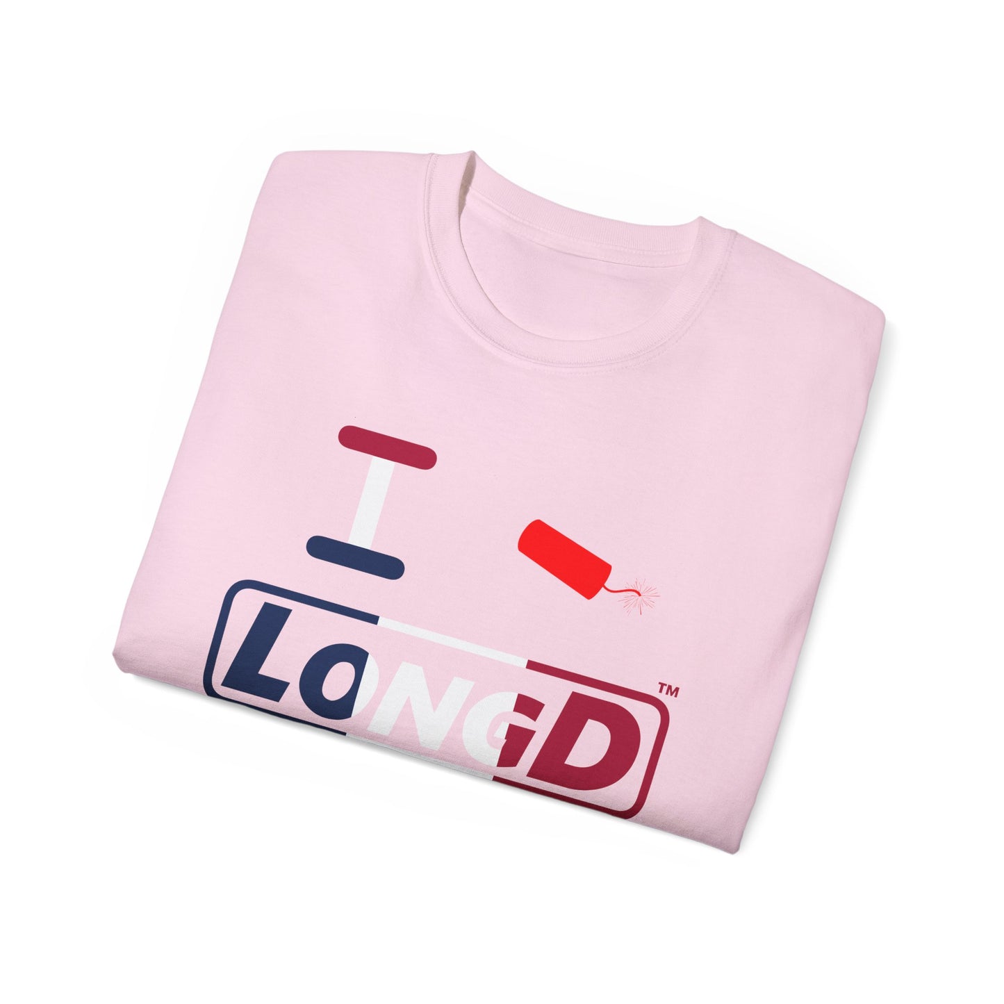 I Firecracker LongD® Logo Cotton Tee Blue, White and Red positive thirds text
