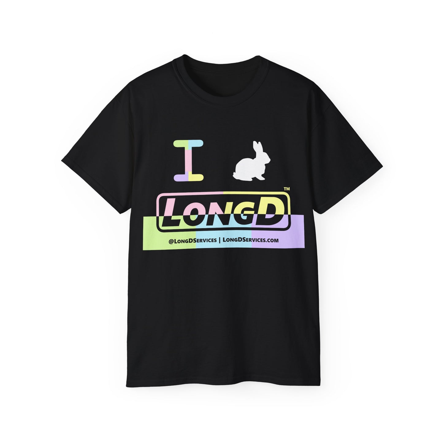I Bunny LongD® Logo Cotton Tee Easter pastel variety positive top text and negative bottom text (white Easter Bunny)