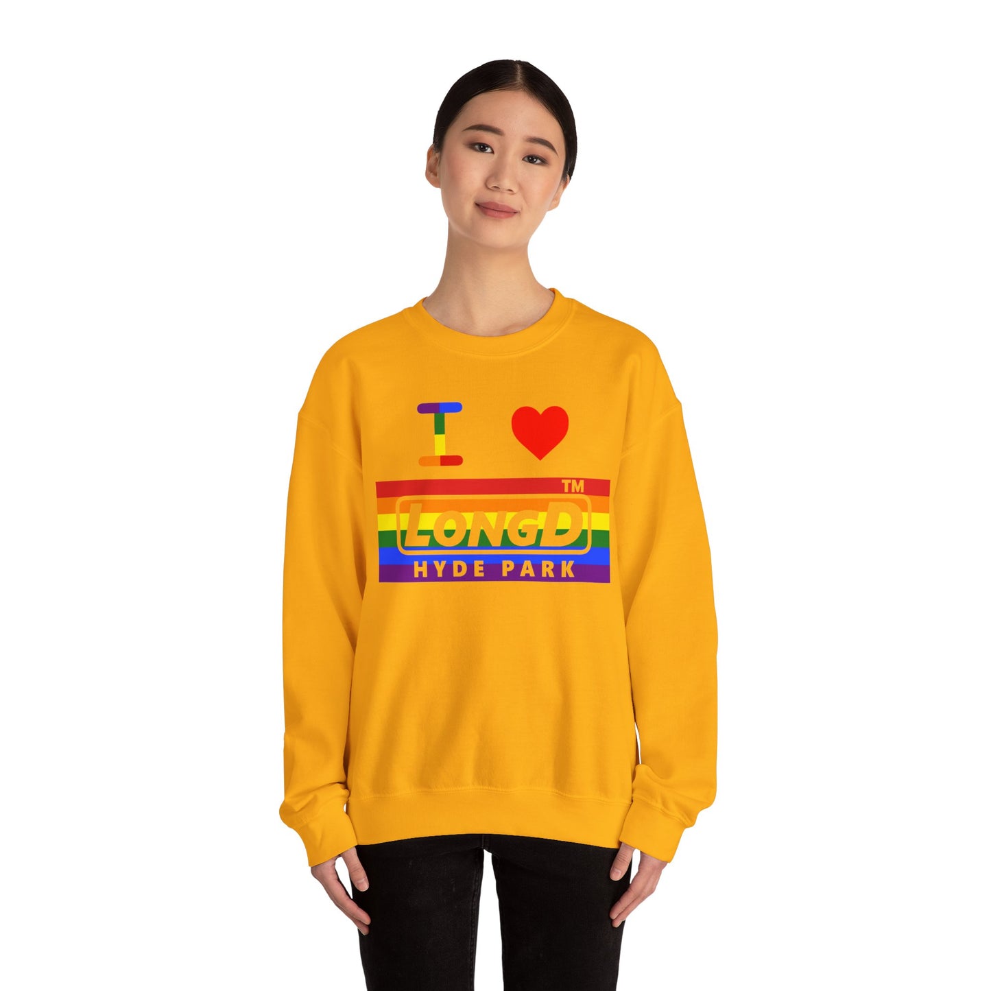 I Luv LongD negative horizontal striped Hyde Park logo crewneck sweatshirt (Pride colors)