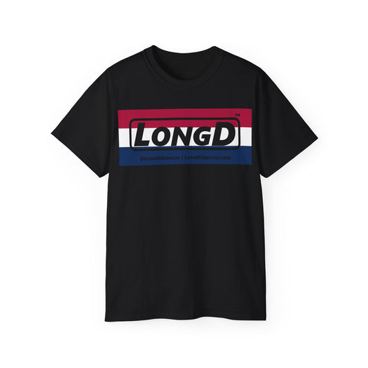 LongD® Logo Cotton Tee Red, White and Blue striped thirds negative text
