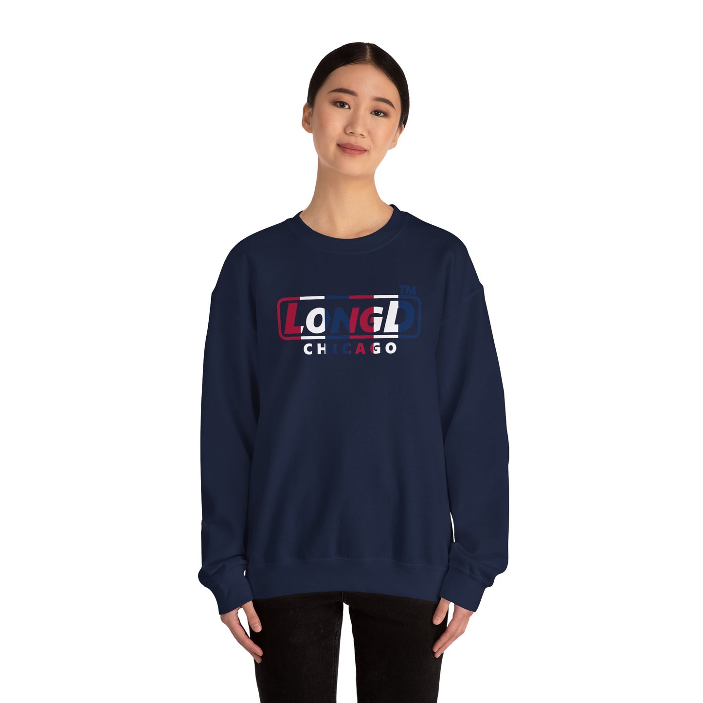 LongD positive vertical 6-striped Chicago logo crewneck sweatshirt (patriotic colors)
