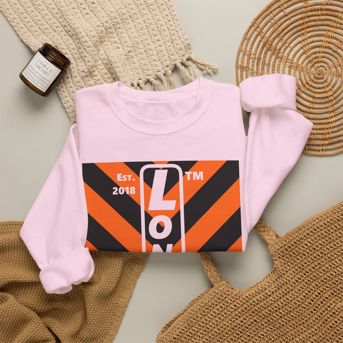 LongD Hyde Park negative upright downward chevron logo (Halloween colors) crewneck sweatshirt