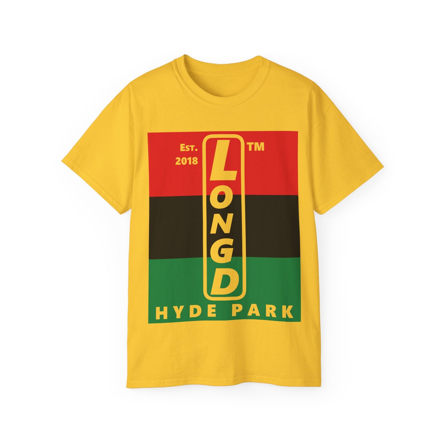 LongD Cotton Tee negative horizontal striped Hyde Park upright logo (Juneteenth colors)