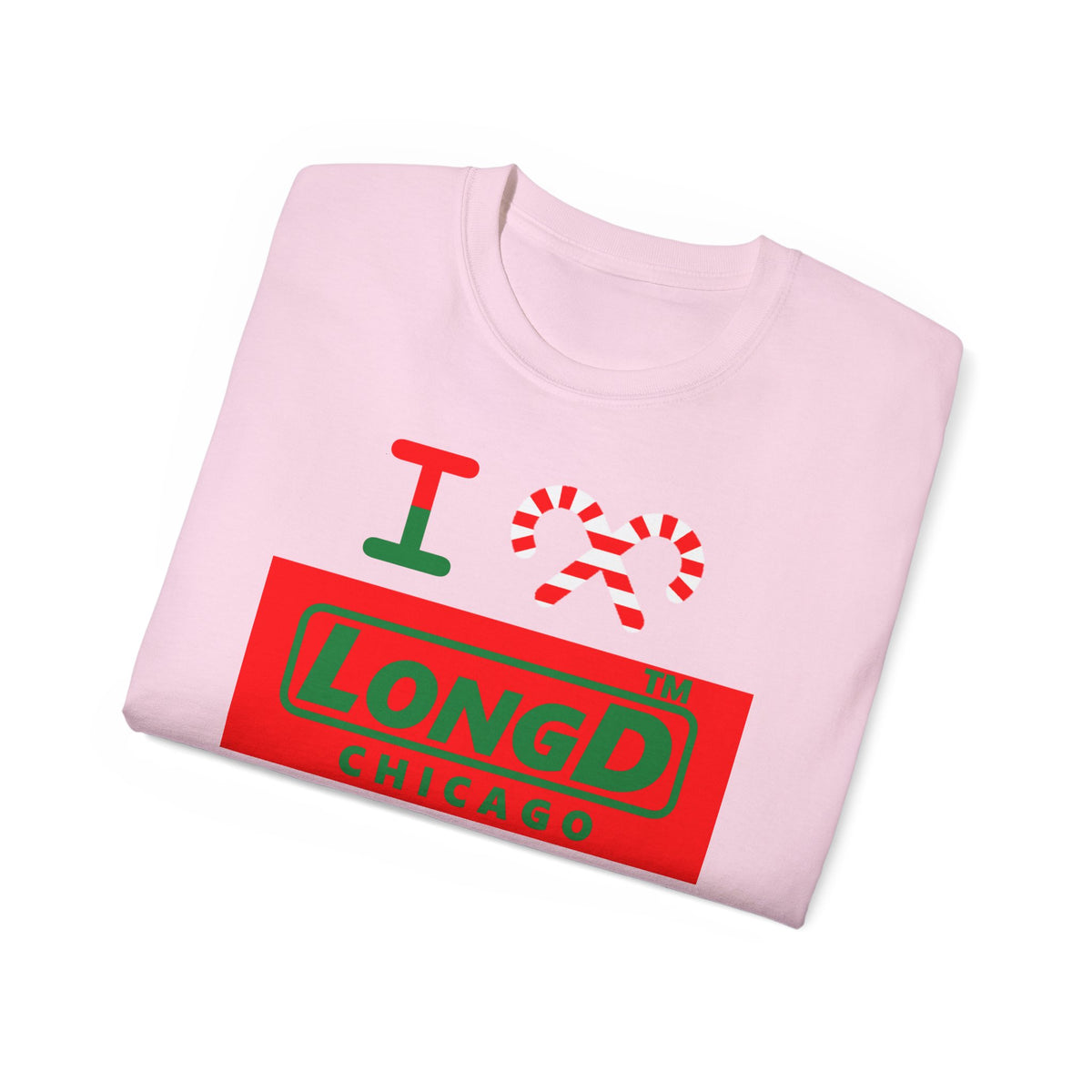 I candy cane LongD Chicago logo positive green on negative red cotton tee