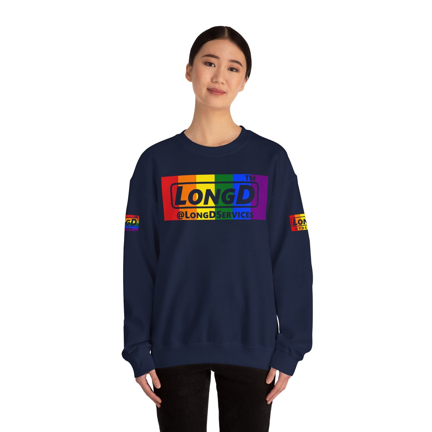 LongD official basic 4-print tag logo crewneck sweatshirt with Pride heart