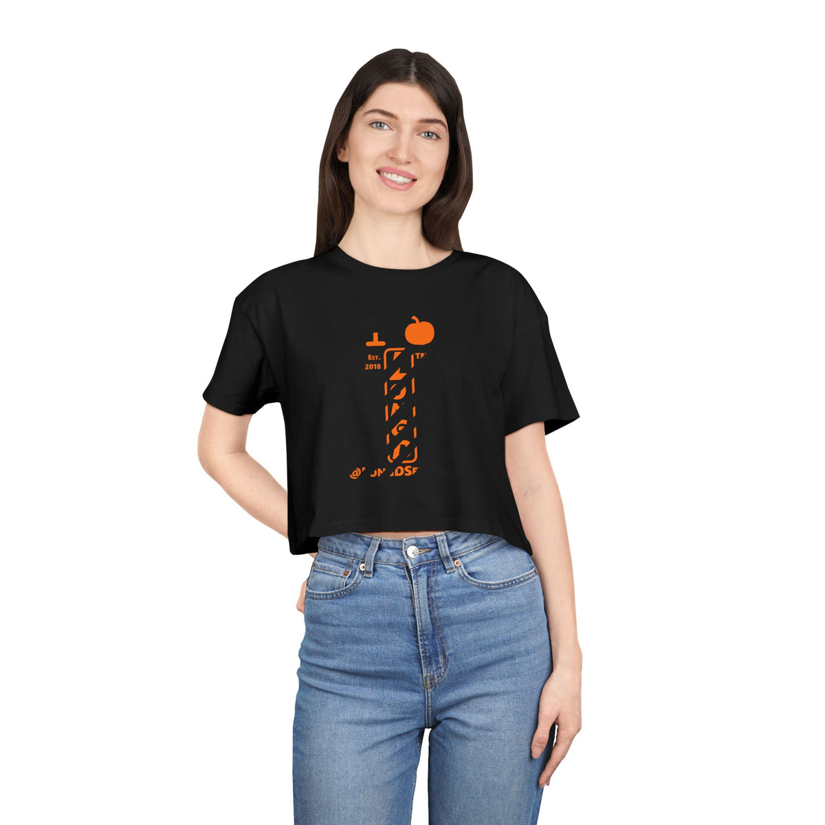 I pumpkin LongD Tag positive upright pixel-weighted 12-striped front-back logo crop tee