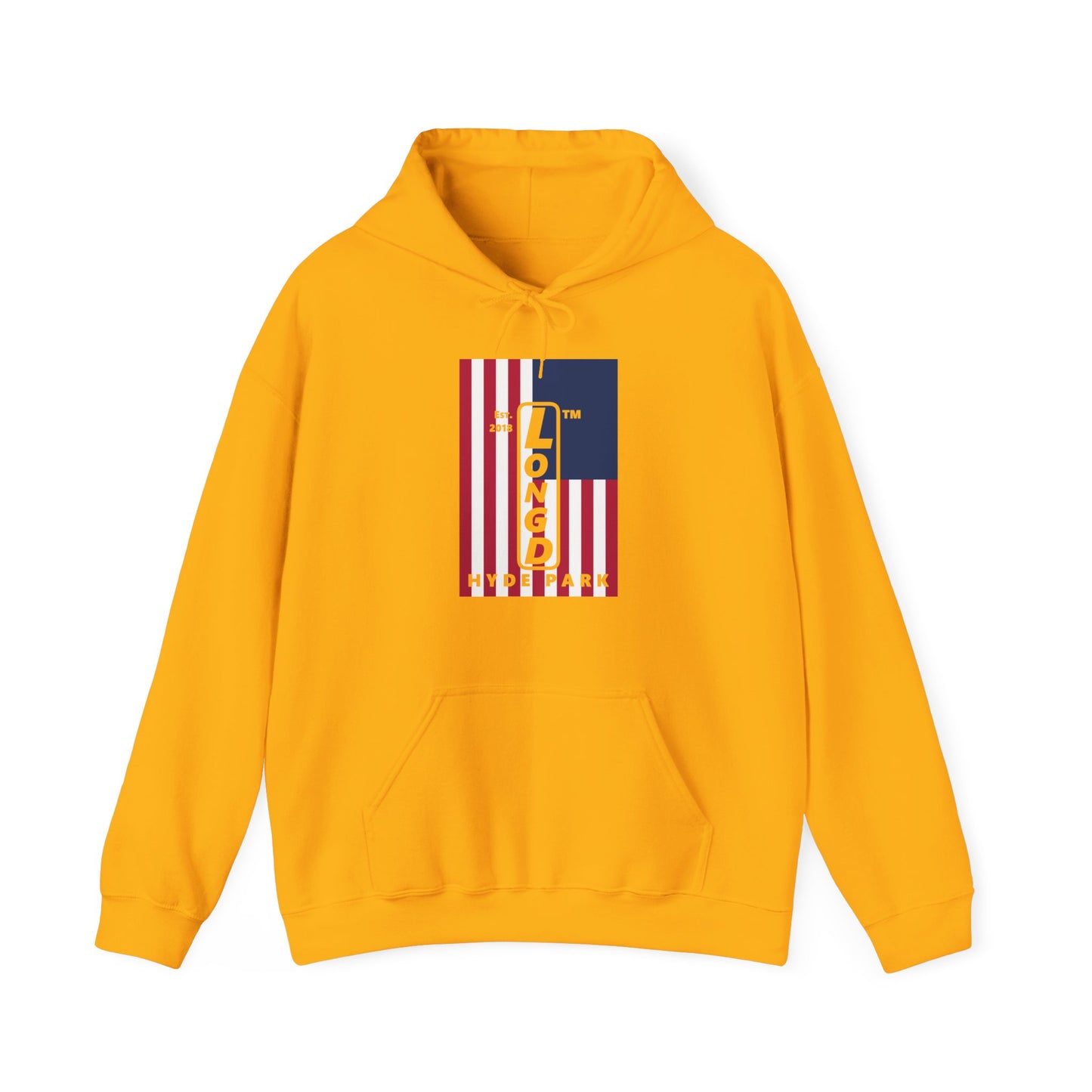 LongD® negative cropped flag upright Hyde Park logo hoodie (Patriotic colors)
