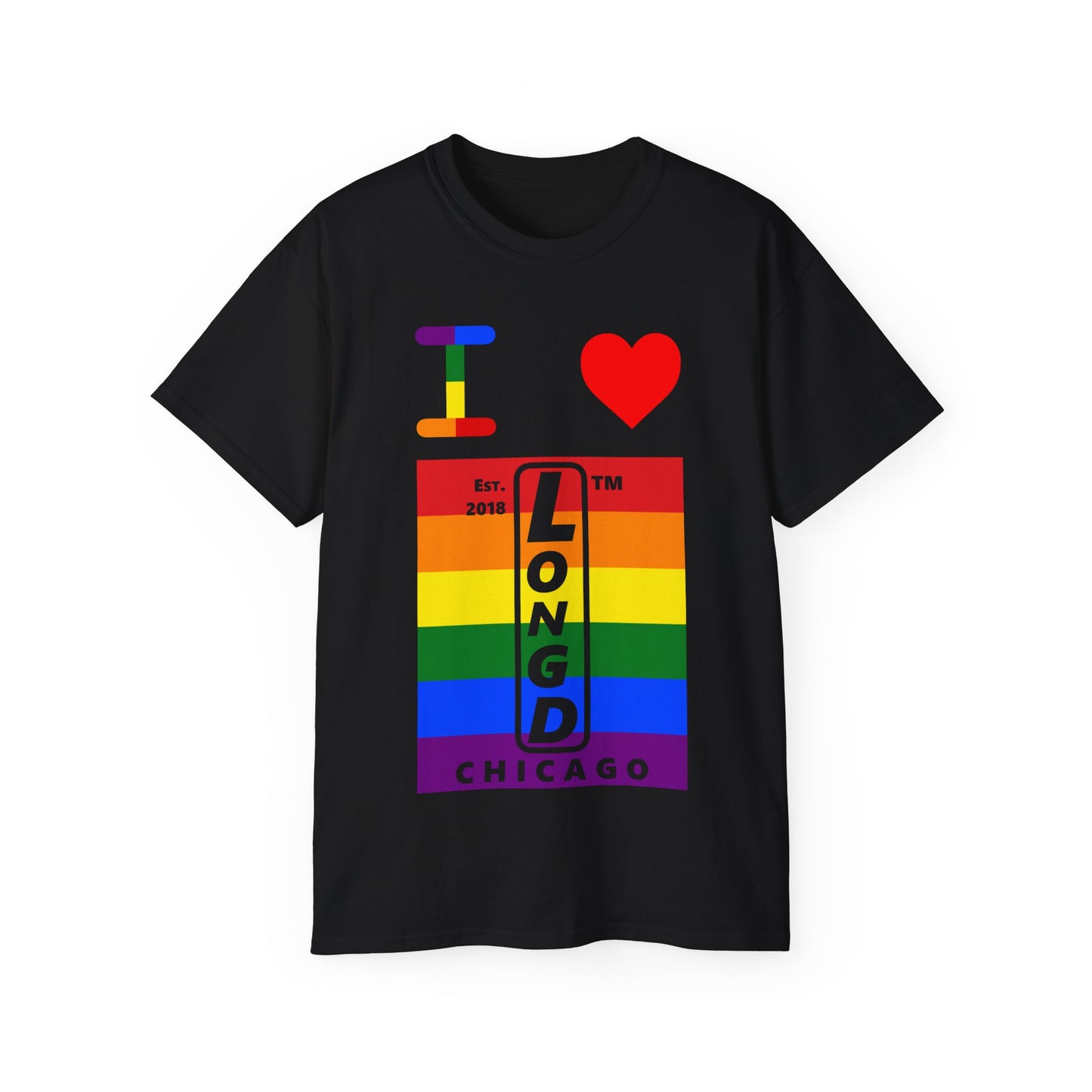 I Luv LongD Cotton Tee negative horizontal striped Chicago upright logo (Pride colors)