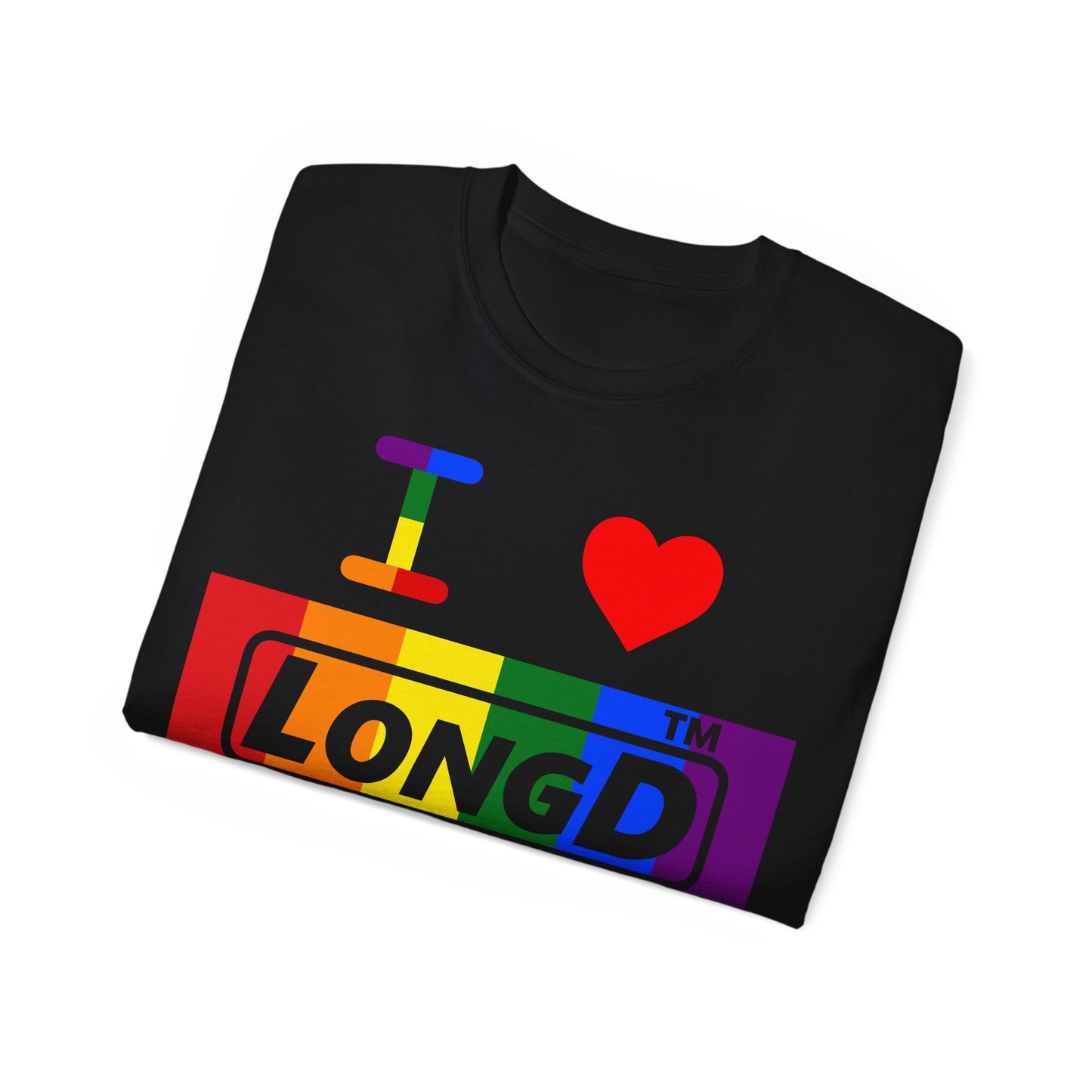 I Luv LongD negative vertical striped Hyde Park logo cotton tee (Pride colors)