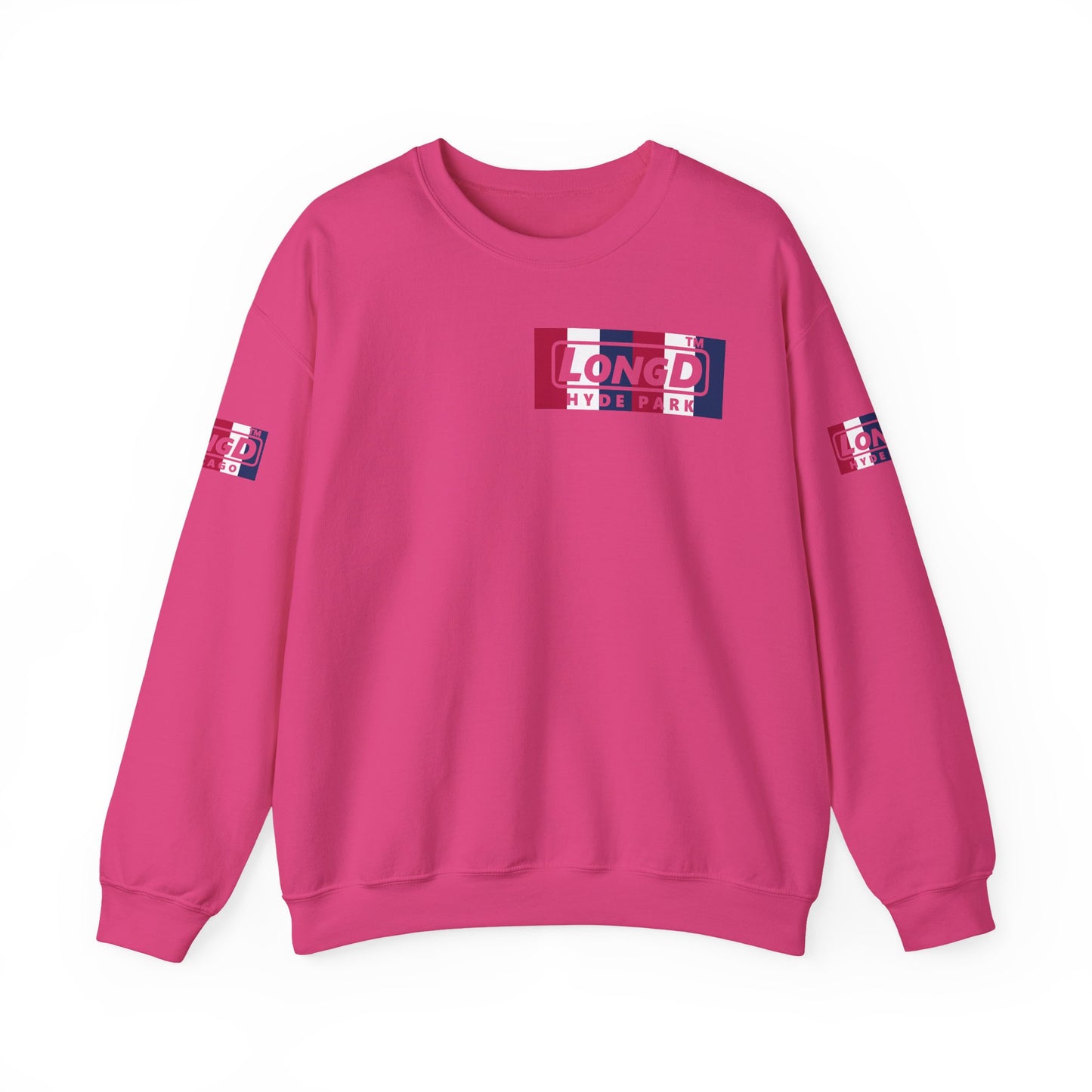 LongD negative vertical 6-striped 4-print single-breasted Hyde Park logo crewneck sweatshirt (patriotic colors)