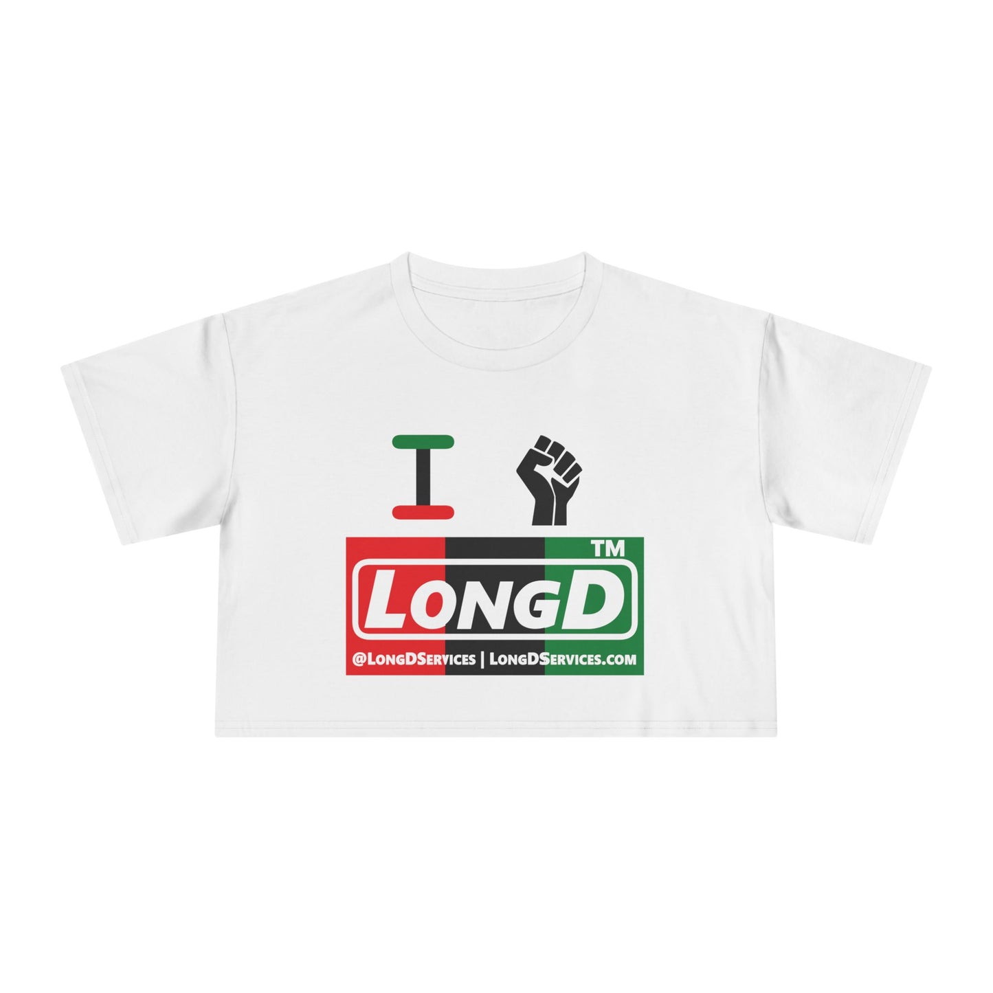 I fist LongD negative vertical 3-striped tag-domain logo crop tee