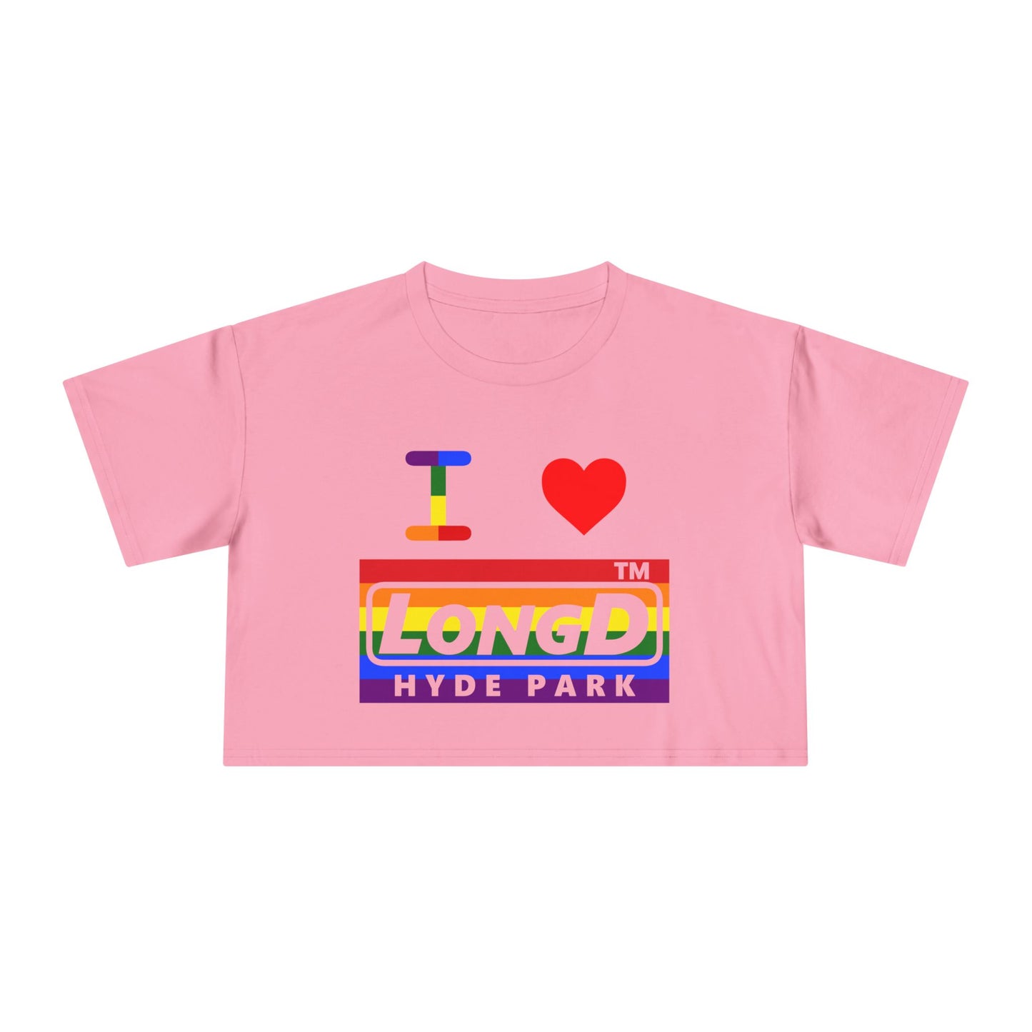 I Luv LongD negative horizontal 6-striped Hyde Park logo crop tee (Pride colors)