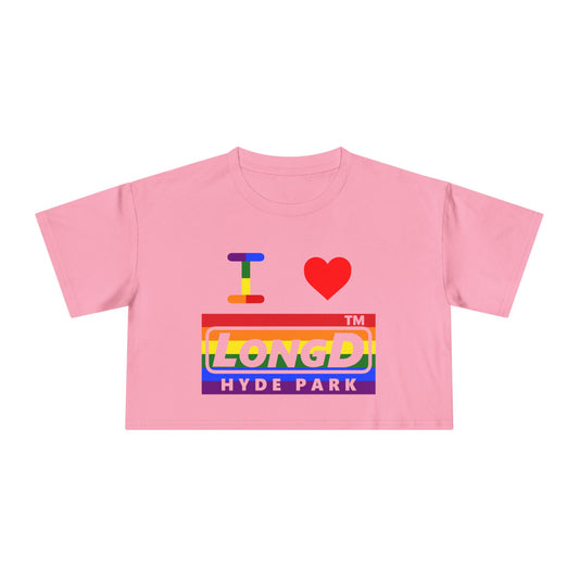 I Luv LongD negative horizontal 6-striped Hyde Park logo crop tee (Pride colors)