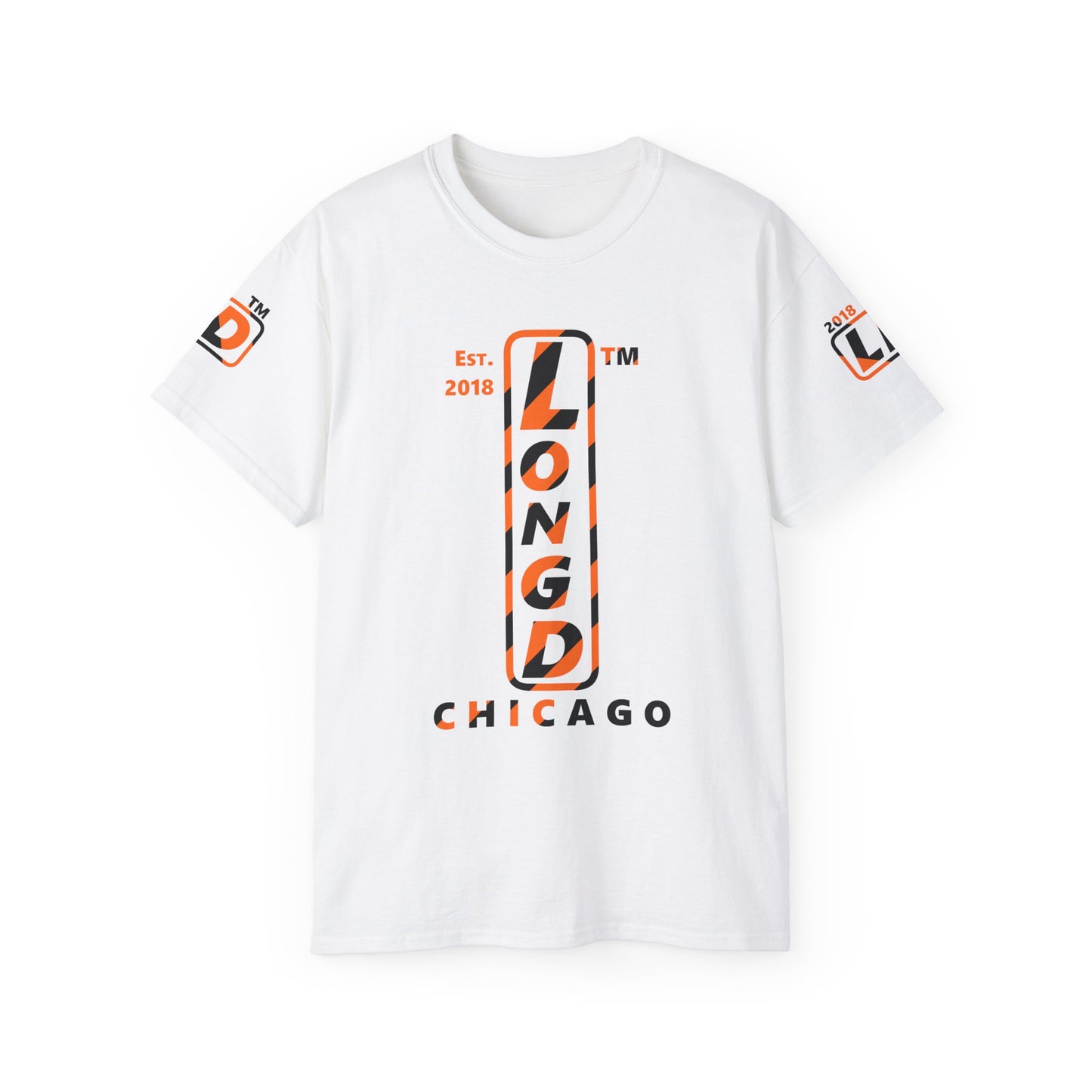 LongD Chicago positive upright pixel-weighted 12-striped 4-print logo (Halloween colors) cotton tee