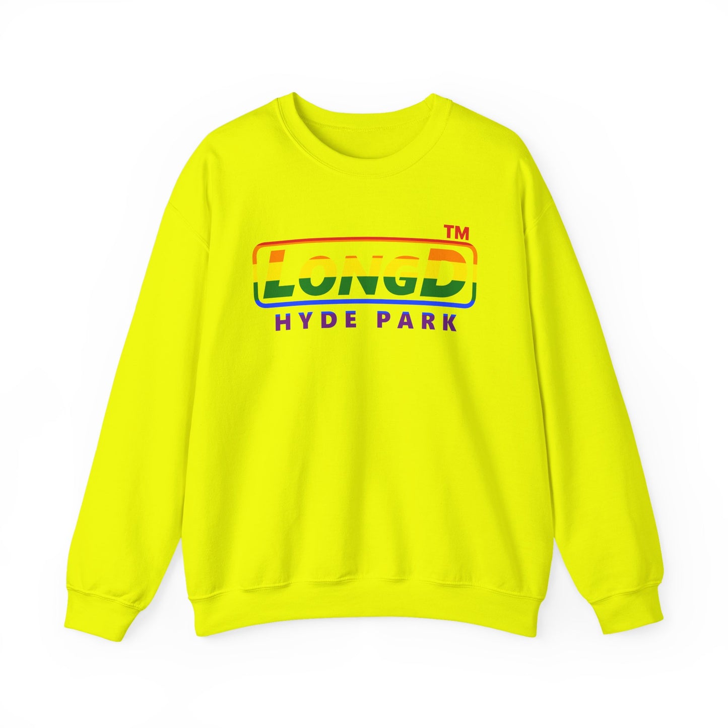 LongD positive horizontal striped Hyde Park logo crewneck sweatshirt (Pride colors)