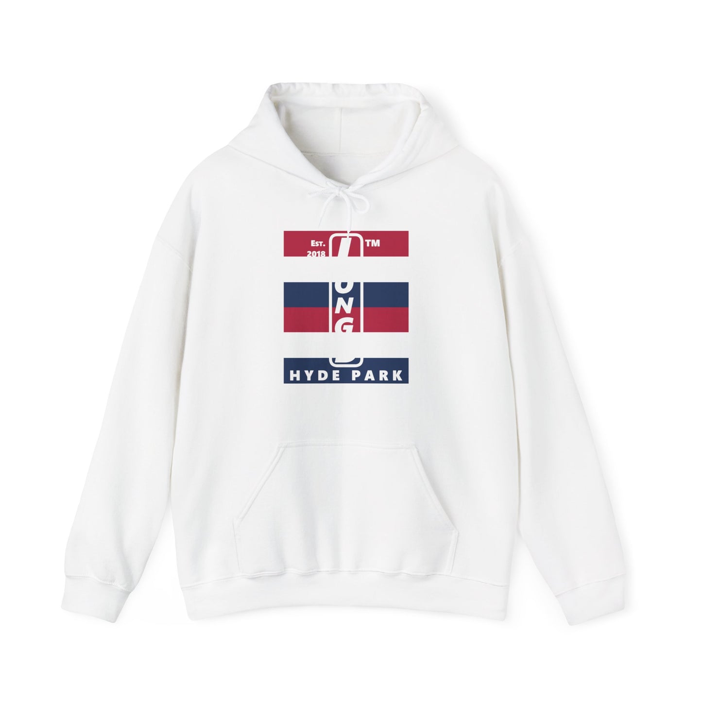 LongD® negative horizontal 6-striped upright Hyde Park logo hoodie (Patriotic colors)