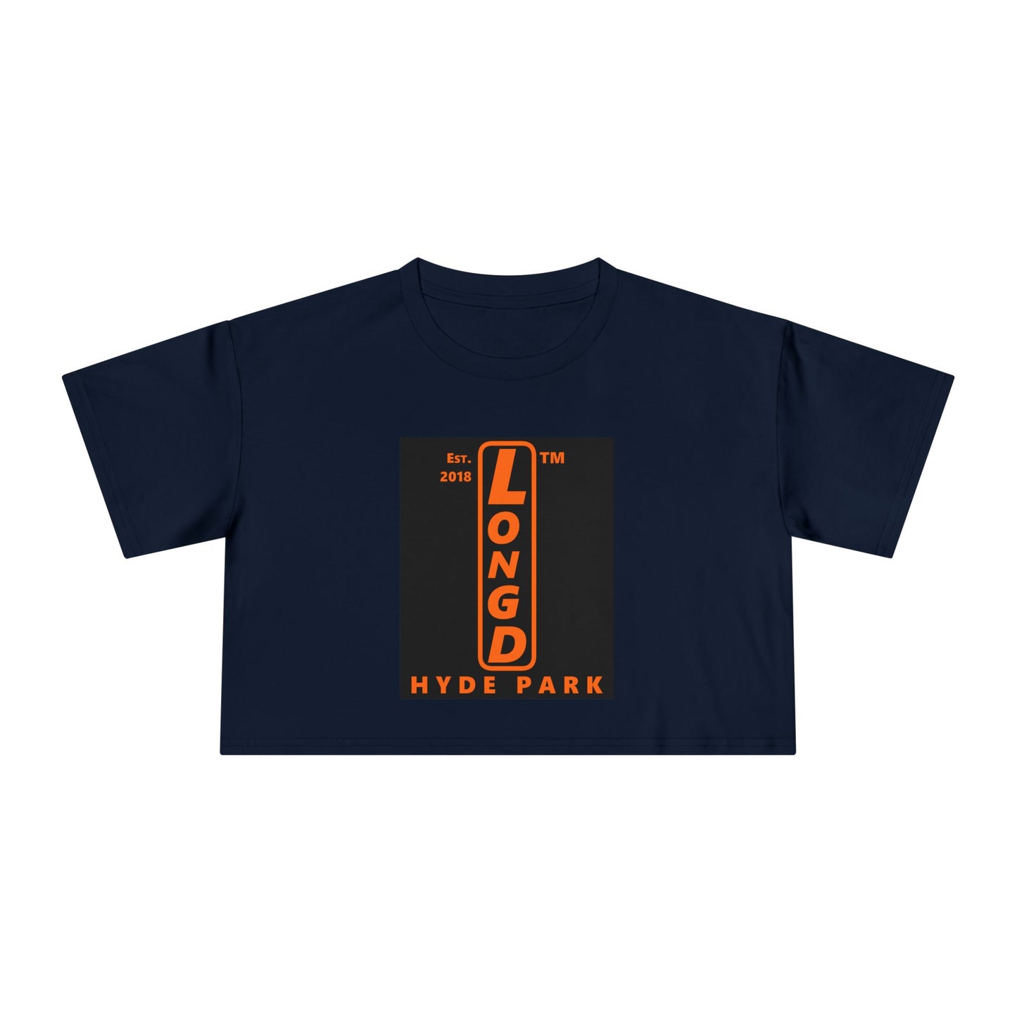 LongD Hyde Park upright front-back logo orange (FE7518) on Black (000000) crop tee