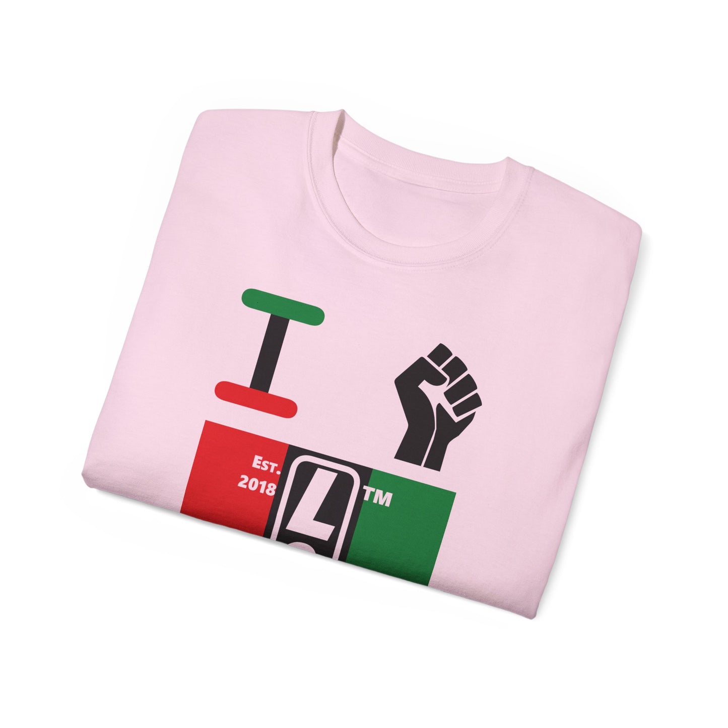 I fist LongD Cotton Tee negative vertical striped Hyde Park upright logo (Juneteenth colors)