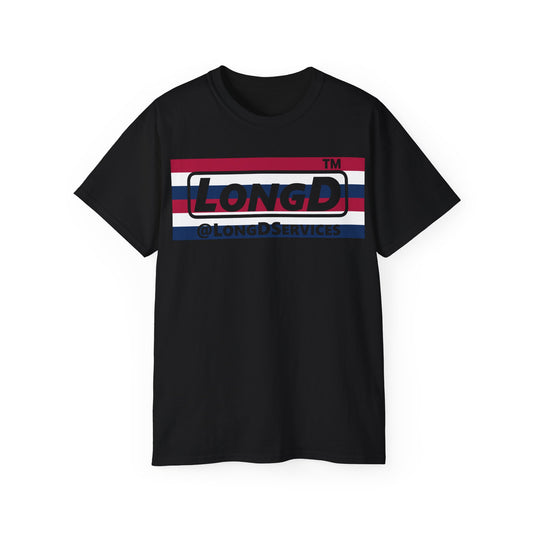 LongD negative horizontal 6-striped tag logo cotton tee (patriotic colors)