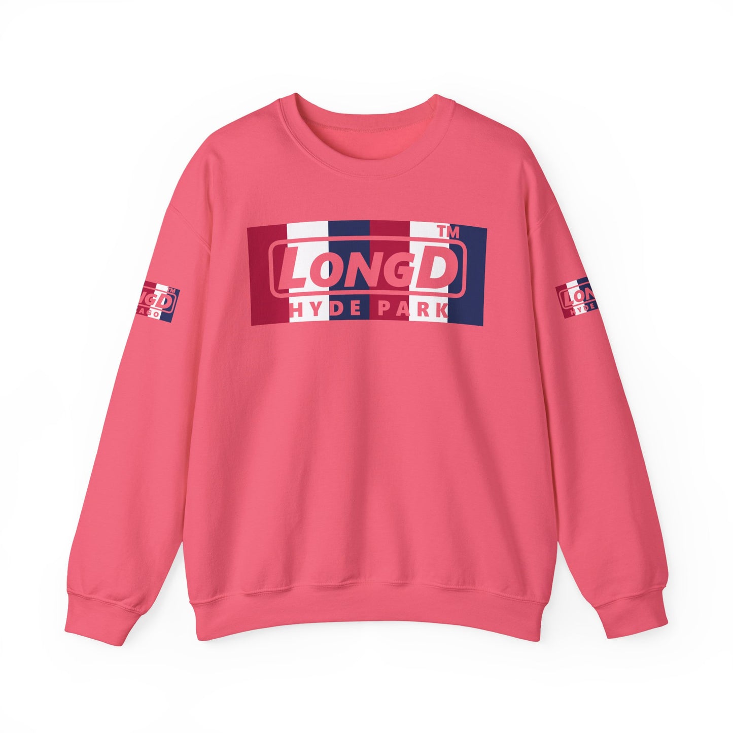 LongD negative vertical 6-striped 4-print double-breasted Hyde Park logo crewneck sweatshirt (patriotic colors)