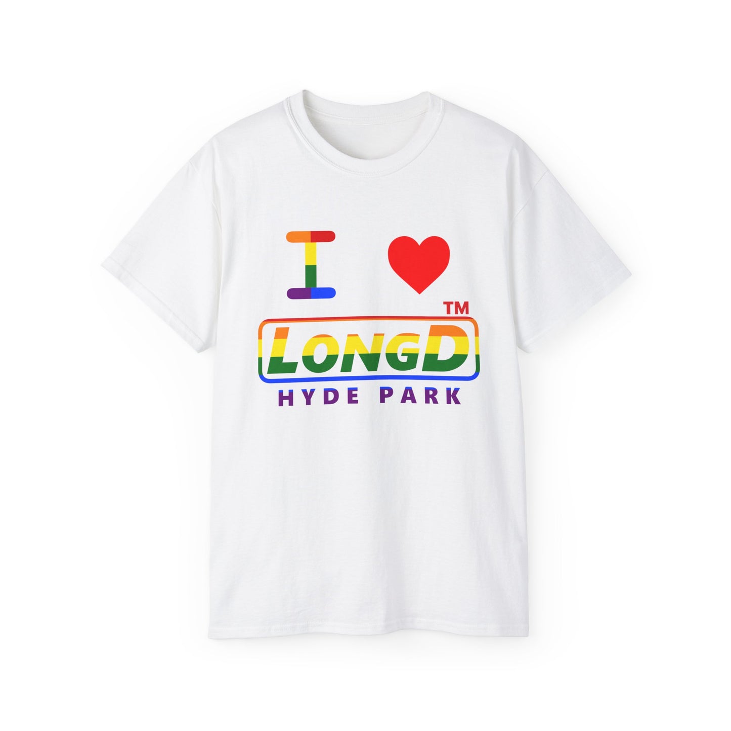 I Luv LongD positive horizontal striped Hyde Park logo cotton tee (Pride colors)