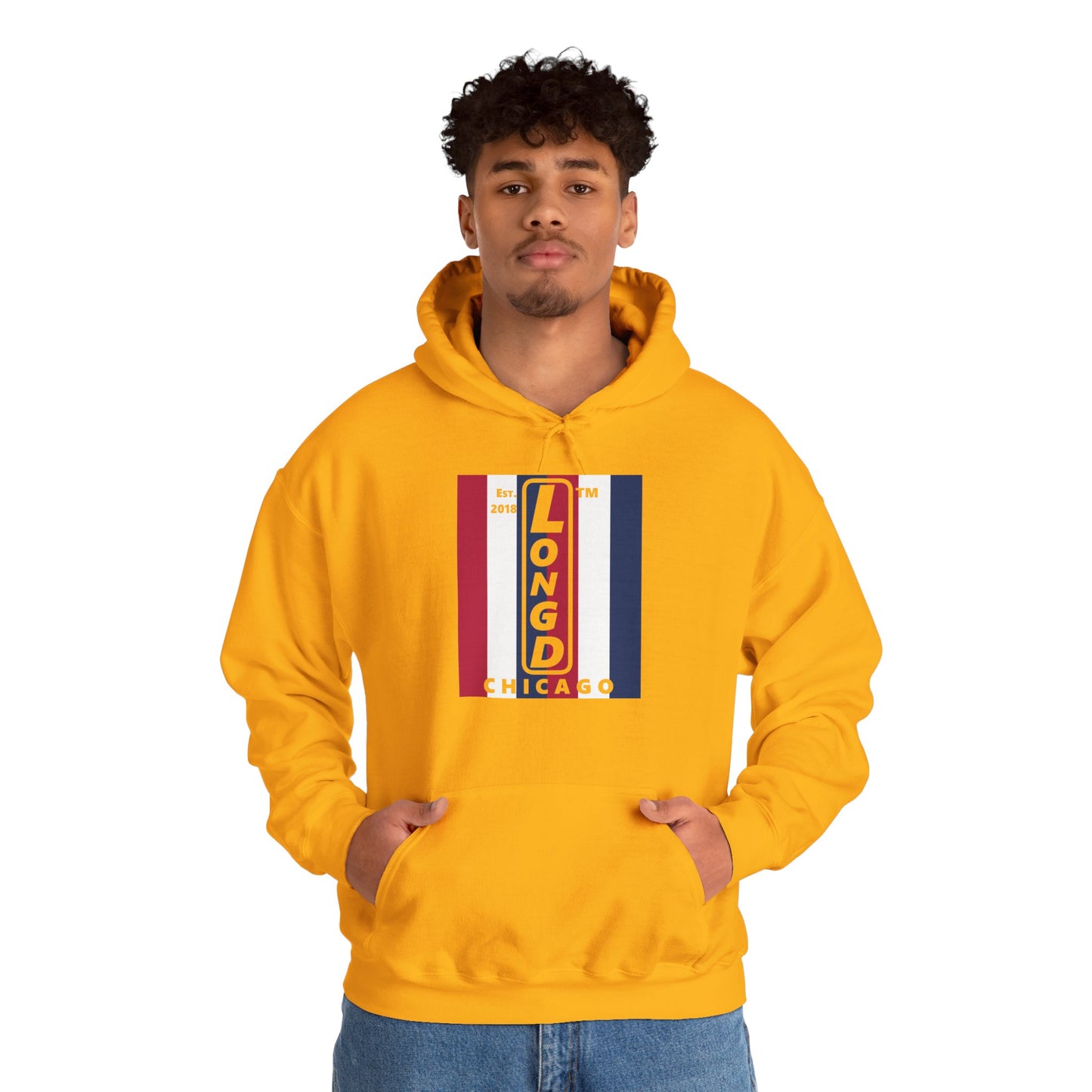 LongD® negative vertical 6-striped upright Chicago logo hoodie