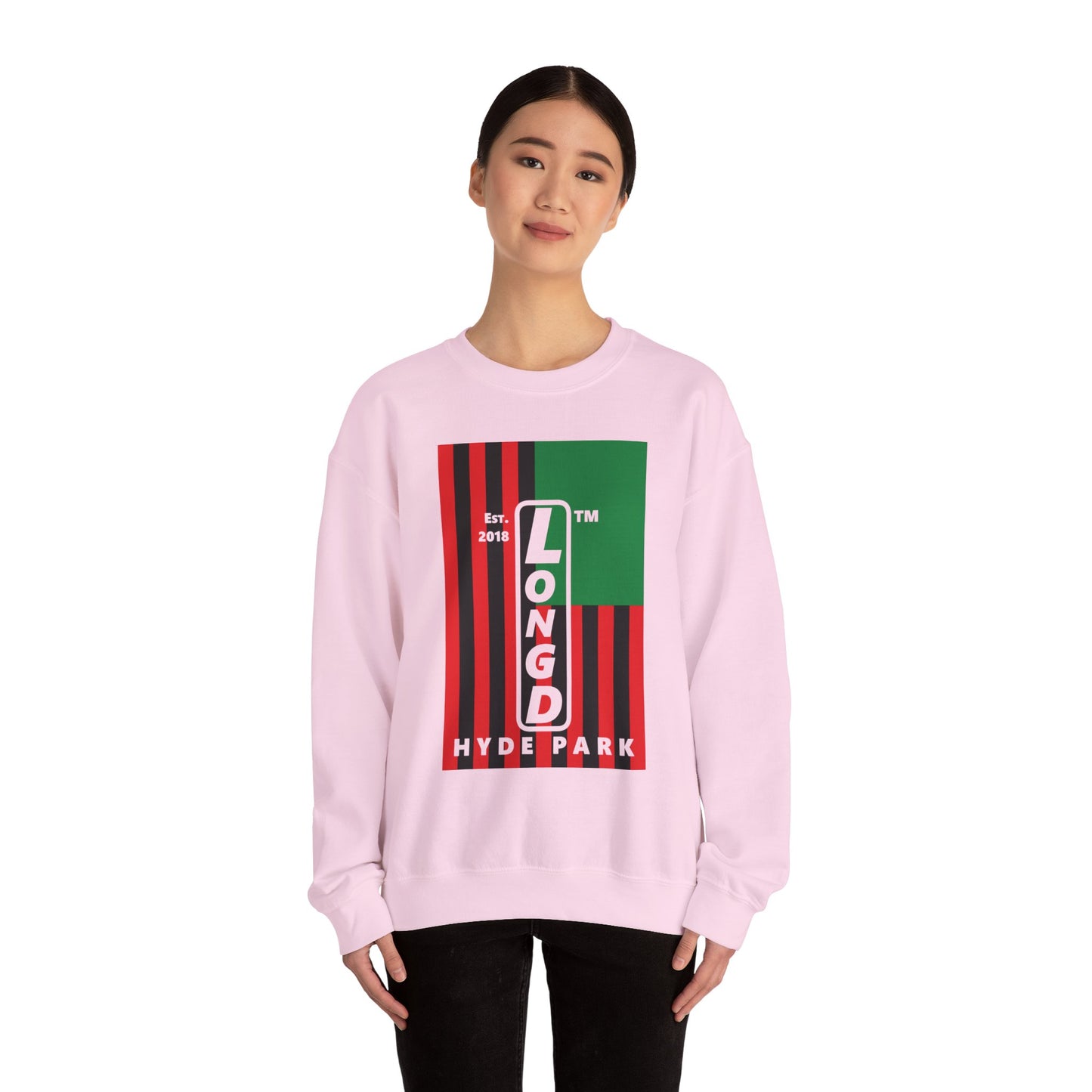 LongD negative cropped flag Hyde Park upright logo crewneck sweatshirt (Juneteenth colors)