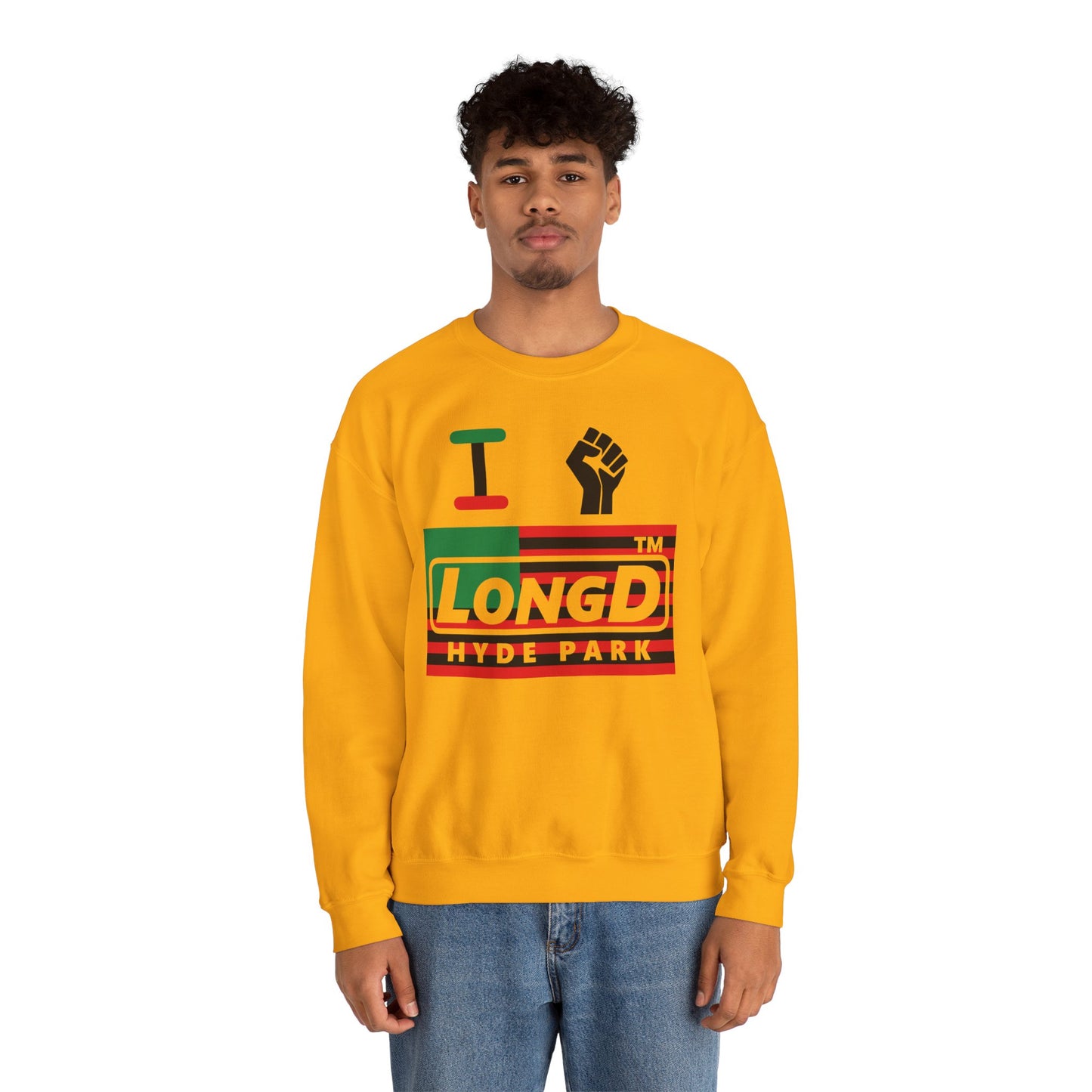 I fist LongD negative flag front-back Hyde Park logo crewneck sweatshirt